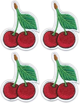 Set of Four - Fresh & Sweet Cherries - Black VeIcro/Hook and Loop Backing - Embroidered Patch/Badge/Emblem