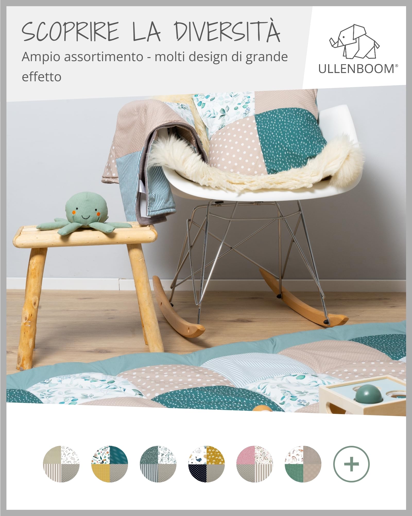 ULLENBOOM Tappeto Gioco Neonato 120x120 cm, 100% Materiali OEKO-TEX, Made in UE - Ideale come Coperta per Bambini e Tappeto Gioco Bambini - Eucalipto