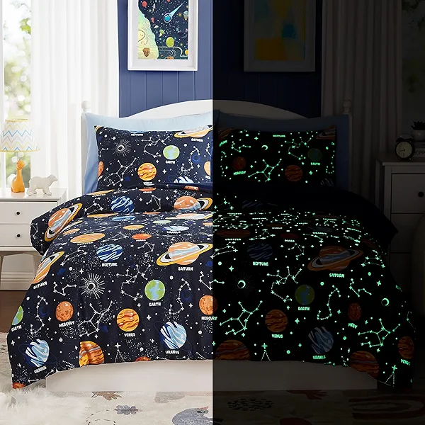 Queen Kids Comforter Set - 7 Pieces Queen Bedding Sets for Boys Girls Teen,Glow in The Dark Space Bed in A Bag with Sheets
