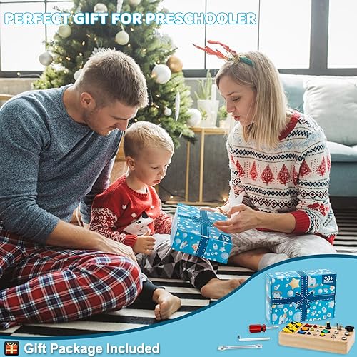 Miniatura 7 de Vasdoo Juguetes de mesa de madera con interruptor de luz LED y herramientas, juguetes Montessori para habilidades motoras, actividades de