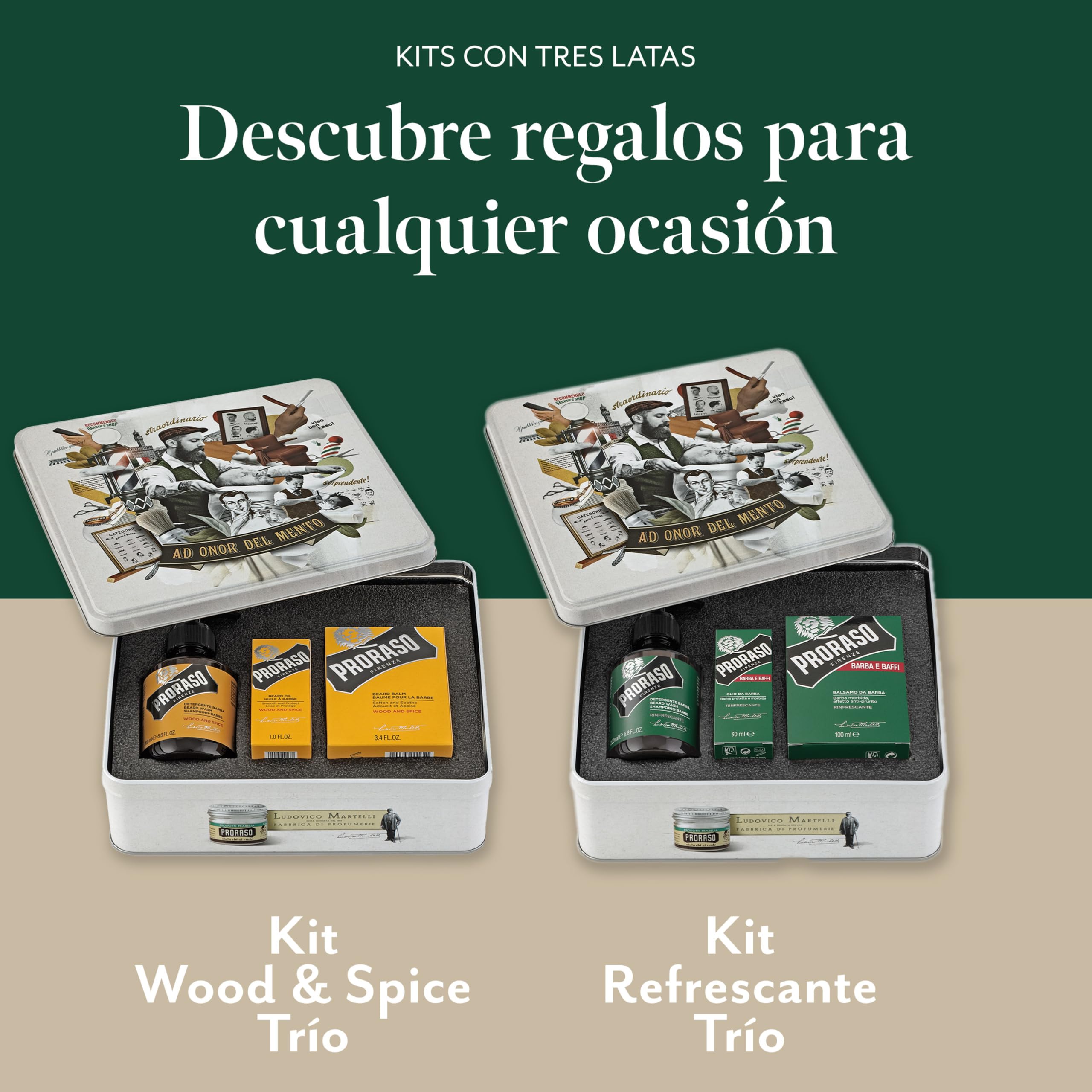 Proraso Kit de cuidado barba hombre Refrescante (Pack trío), lujoso set de regalo para hombre con champú, aceite y bálsamo para la barba, Made in Italy