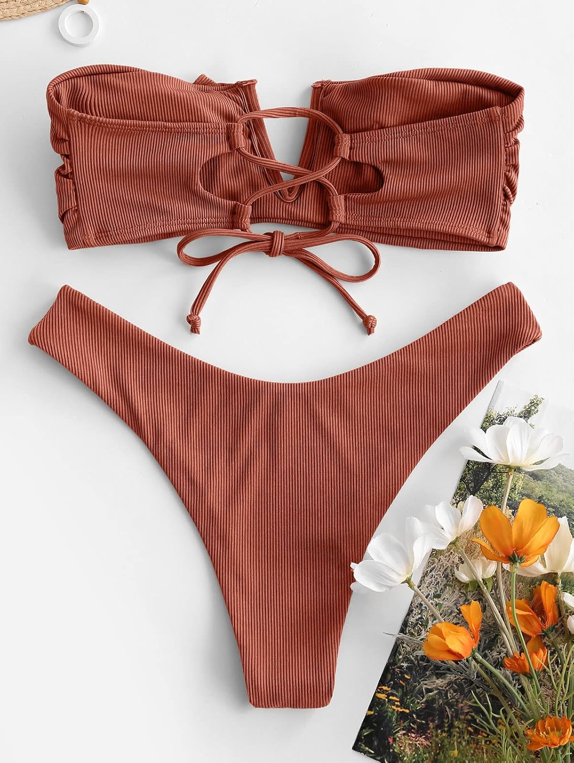 ZAFUL Women's Strapless Ribbed V Wired Lace Up Ruffle Tie High Cut Bandeau Swimsuits Bikini Set - Image 6