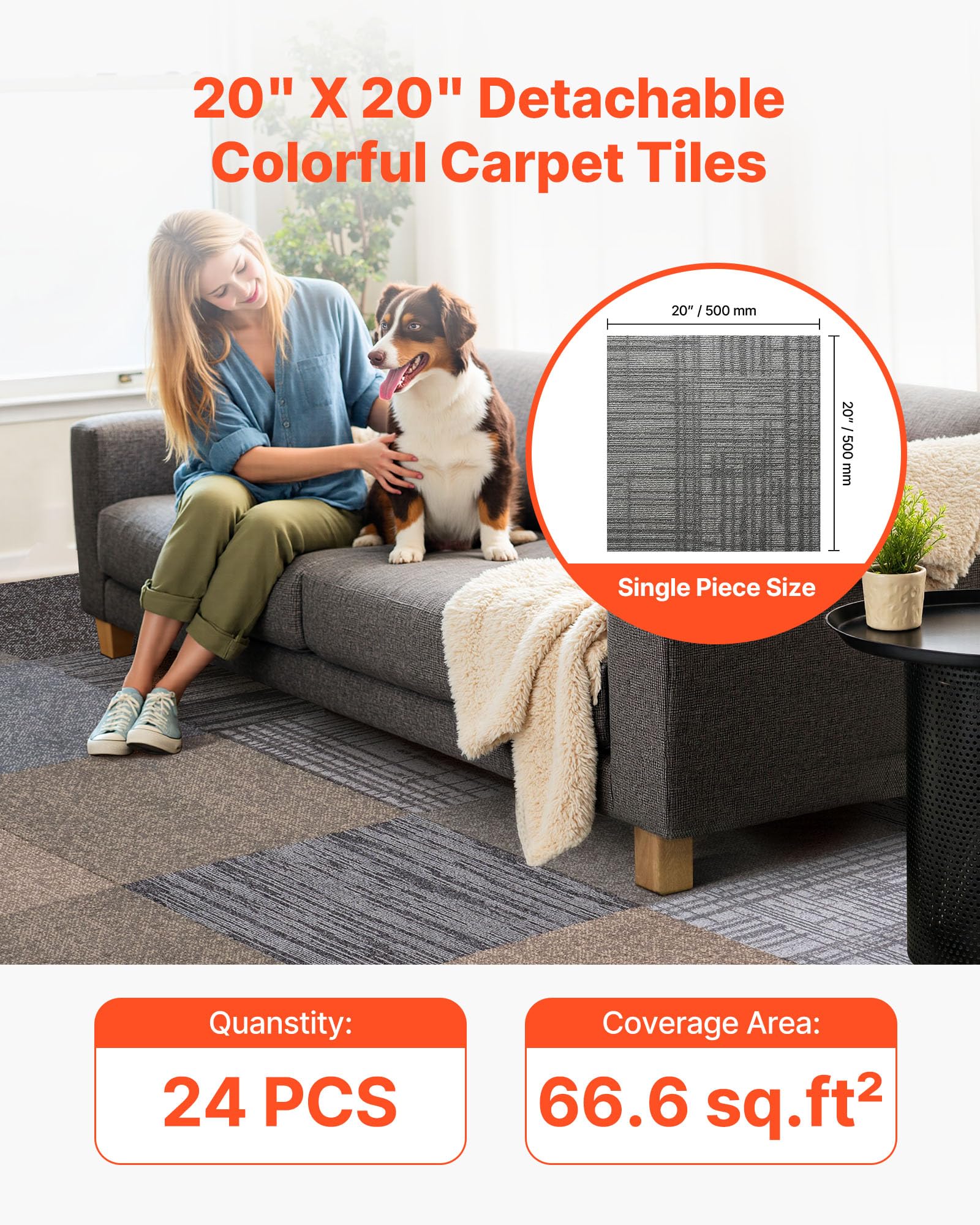 VEVOR Teppichfliesen 500 x 500 x 6 mm, 24er-Pack, selbstklebender Teppichboden mit Fläche von 6,2 m², Teppich Bodenbelag, einfacher DIY-Austausch für Wohnzimmer und Büro, mehrfarbig