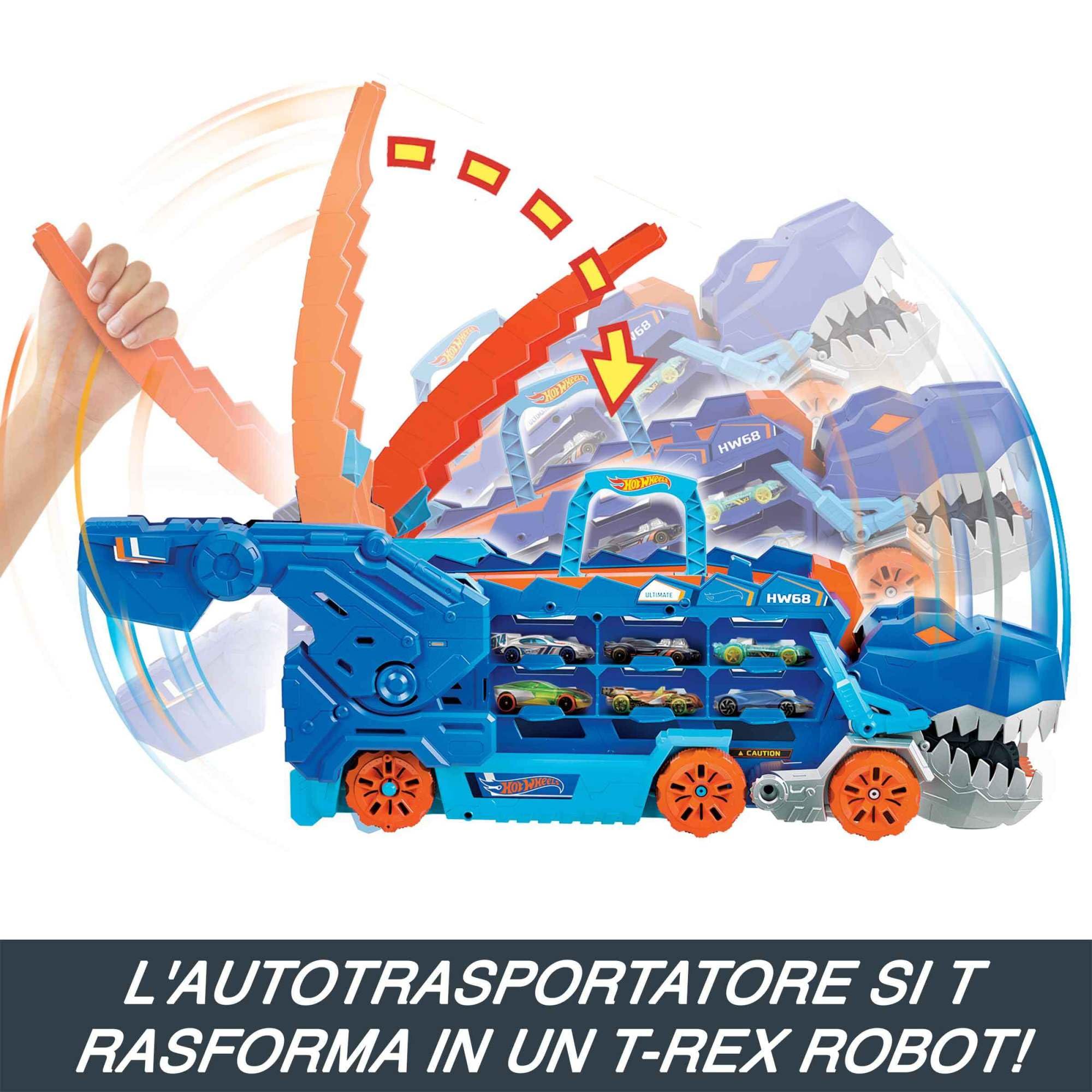 ​Hot Wheels City 'Let's Race' Netflix - Mega Dino Trasportatore, pista da corsa che si trasforma in un T-Rex, playset con luci e suoni, box per riporre 20 macchinine in scala 1:64, 4+ anni, HNG50