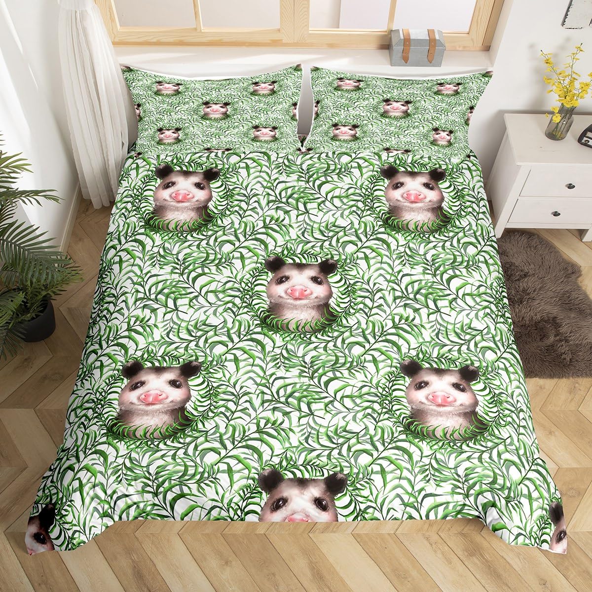 Homemissing Opossum Bedding Set for Kids Boys Girls Cute Possum Comforter Cover Set Possums Gifts Duvet Cover Possum Stuffed Animal Decor Bedspread Cover White Bedding Collection 3Pcs Super King