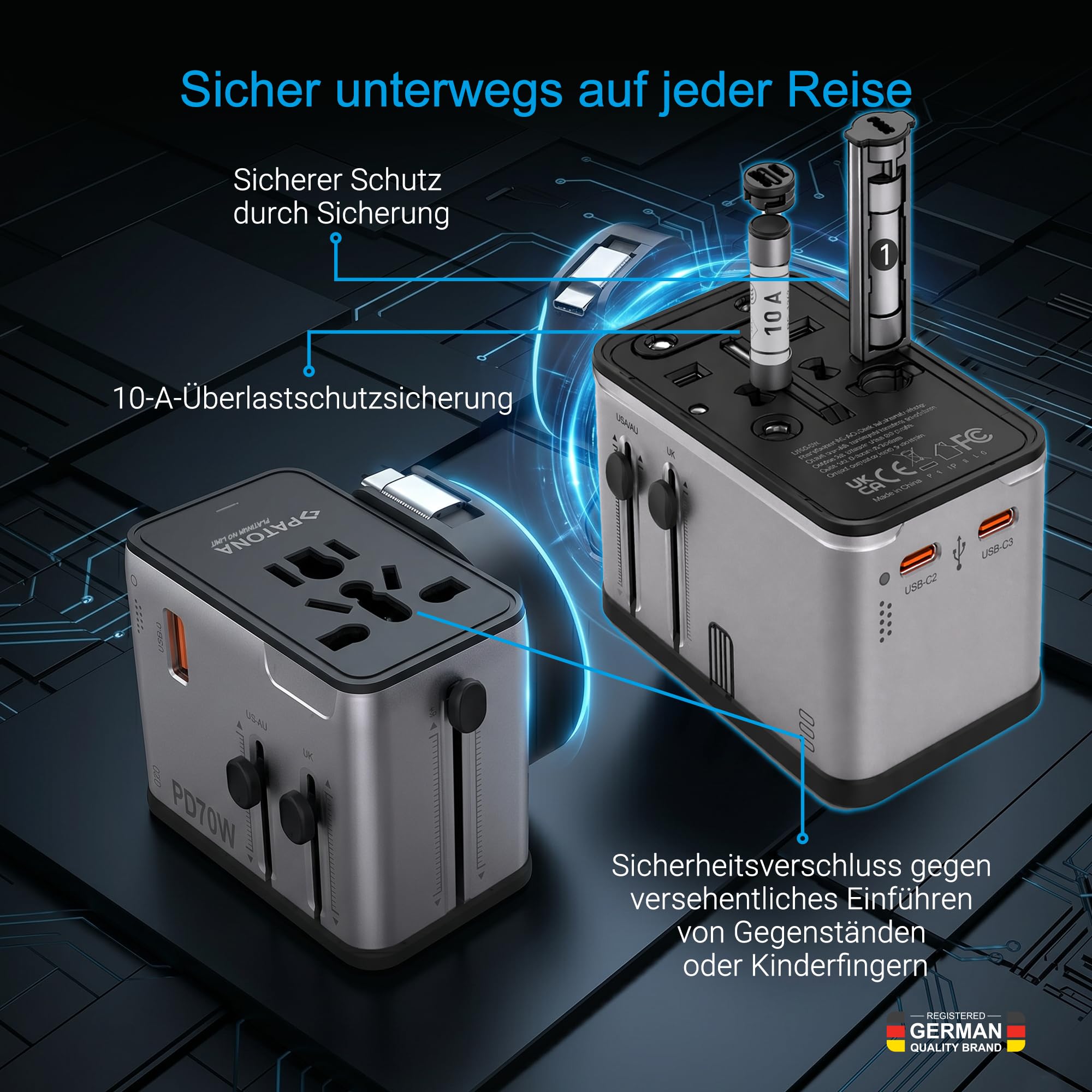 PATONA Reiseadapter Weltweit 70W GaN mit Magnetischer Kabelrolle | Universal Adapter & Reisestecker mit 3 USB-C PD + 1 USB-A QC | Travel Adapter USA, England, Japan, EU 150+ Länder