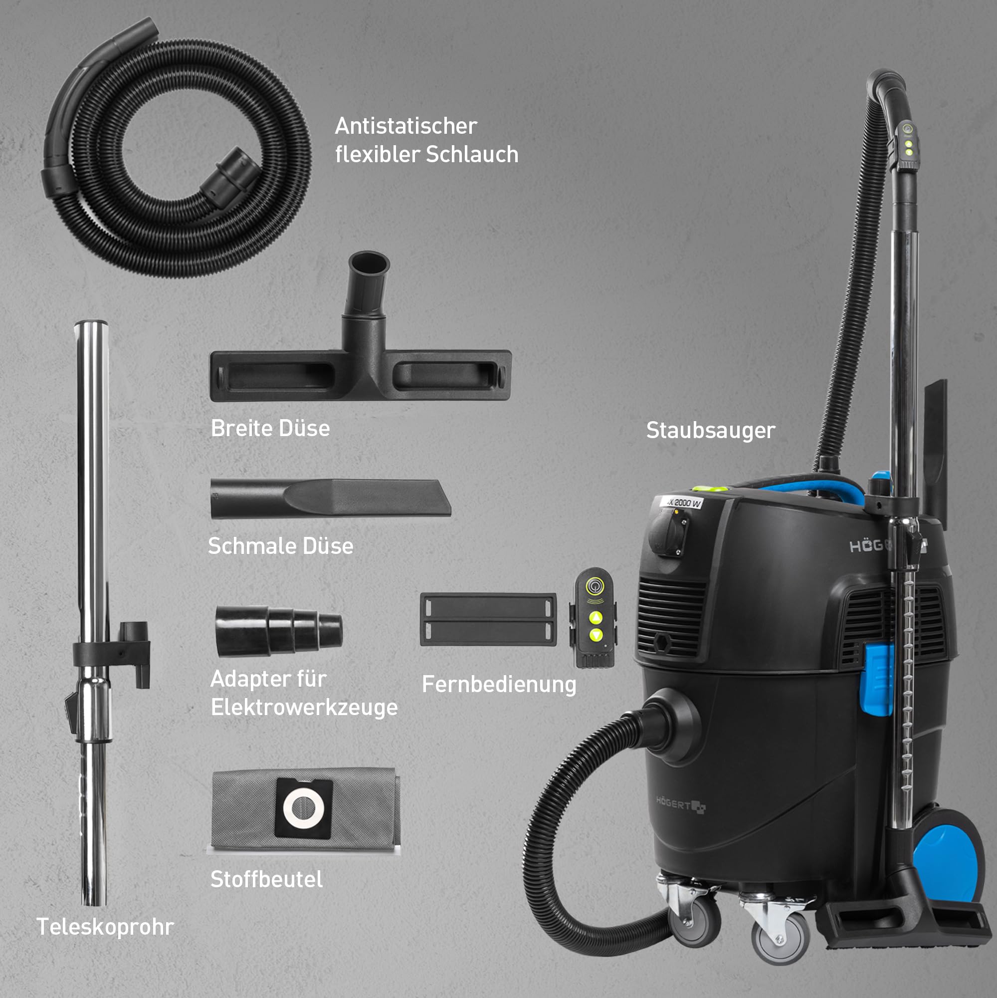 Högert Technik – Nass- und Trockensauger 30 L mit automatischer Filterreinigung, Funkfernbedienung, HEPA-Filter, Steckdose für Elektrowerkzeuge, 1600W Leistung