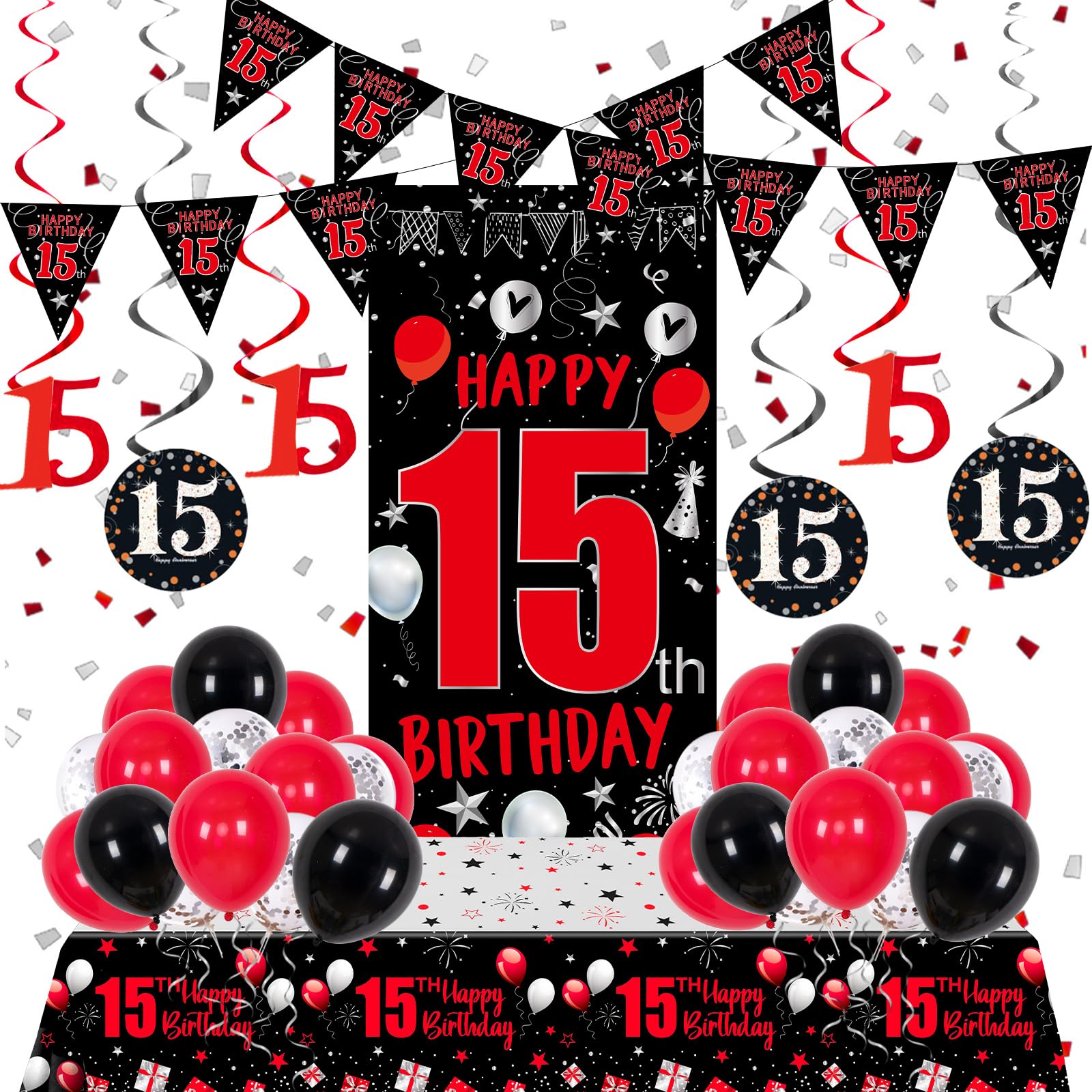 15th Birthday Decorations for Boys Girls, Red Black Happy 15th Birthday Decorations Boy Girl, Happy 15 Bday Banner Backdrop Balloons Tablecover
