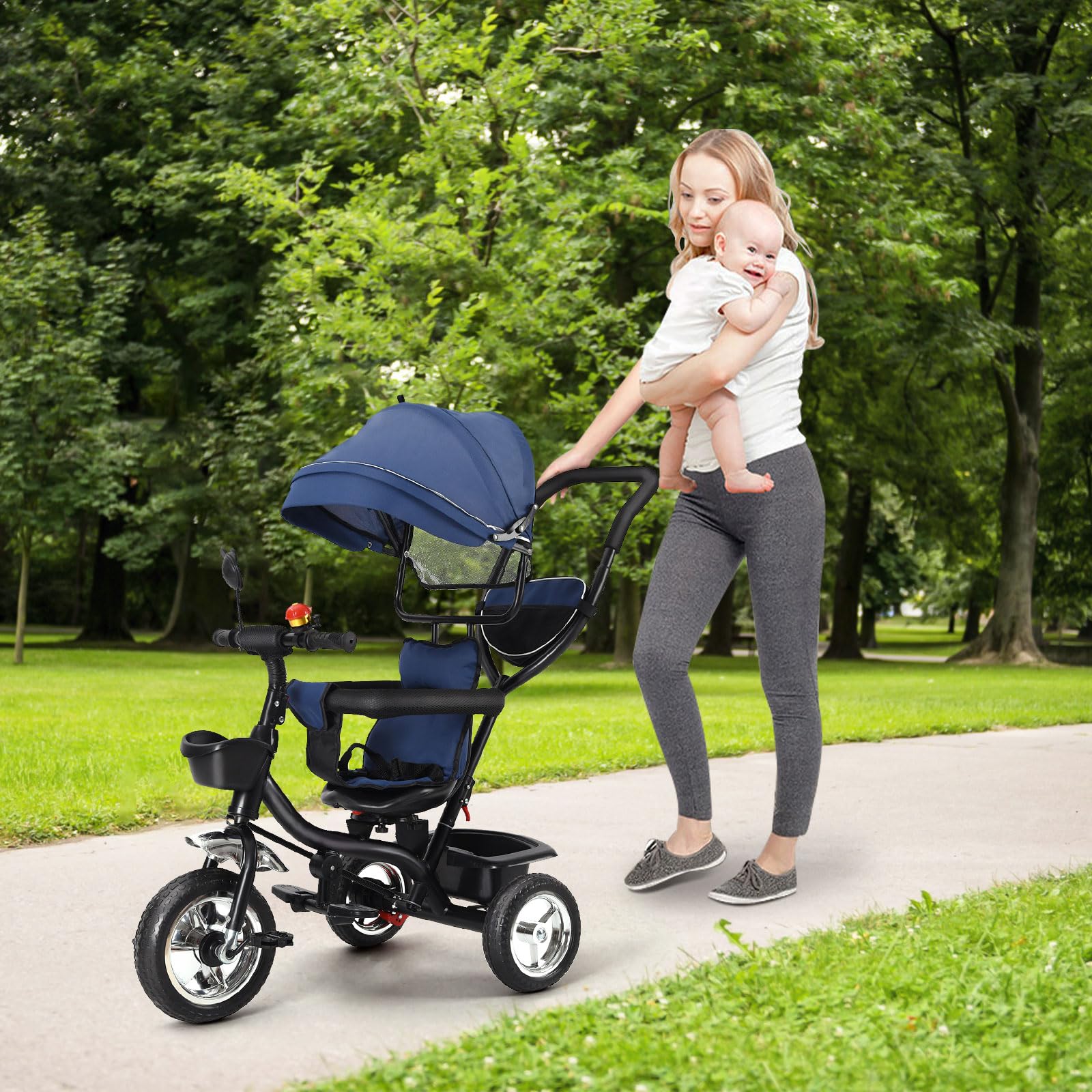 Baby-Dreirad, mitwachsend, Dreirad für Kinder von 18 Monaten bis 5 Jahren, 4-in-1-Kinderwagen-Fahrrad mit wendbarem Sitz, Sonnenschutz und Pedal, kompakter Kinderwagen (Dunkelblau, 4-in-1)