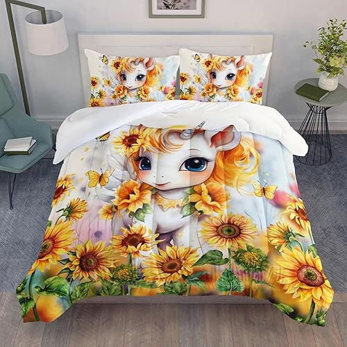 AILONEN Juego de edredón de unicornio tamaño individual, juego de ropa de cama de unicornio con flores amarillas para niñas, edredón de girasoles de