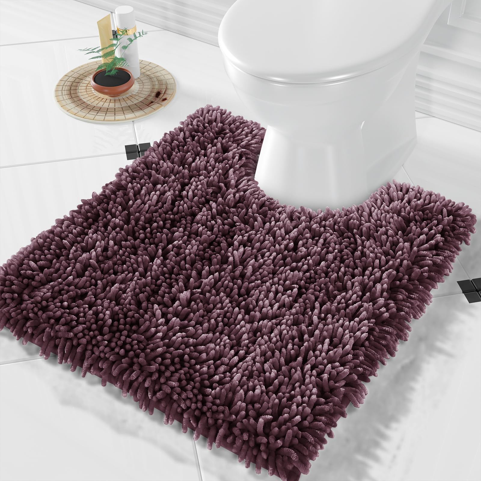 Yimobra Toilet Rugs U Shaped Washable, Extra Thick Soft Absorbent Chenille Contour Bathroom Rugs for Toilet 24x20 Inch, Quick Dry Non Slip Toilet Mat for Bath Floor, Purple Grey