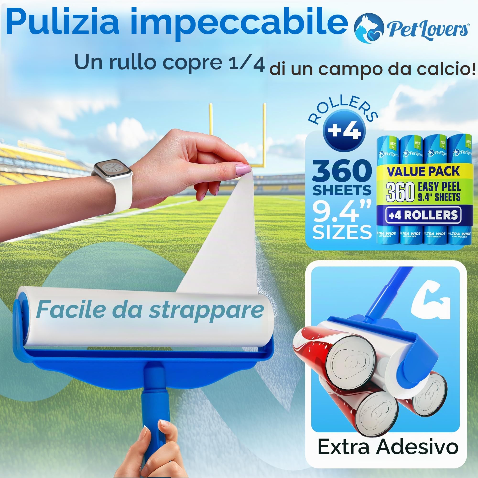 Rullo Rimuovi Peli PetLovers Large con 3 Ricariche – 360 Fogli Totali per Affrontare i Peli degli Animali, Rullo Extra Large per Pavimenti e Tappeti per Case con Animali, Perfetto per Pavimenti