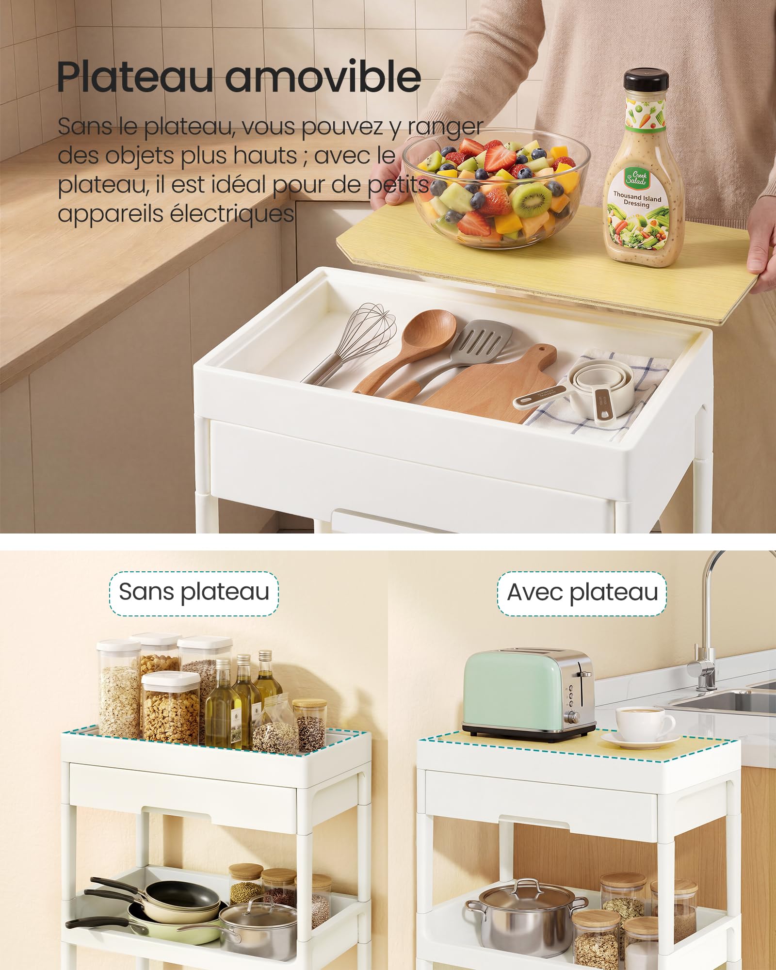 SONGMICS Chariot de Rangement, 4 Niveaux, Desserte sur roulettes, Étagère, avec Plateau Amovible et Tiroir, en Plastique, Montage Facile, Cuisine, Blanc et Doré Chêne BSC070W101