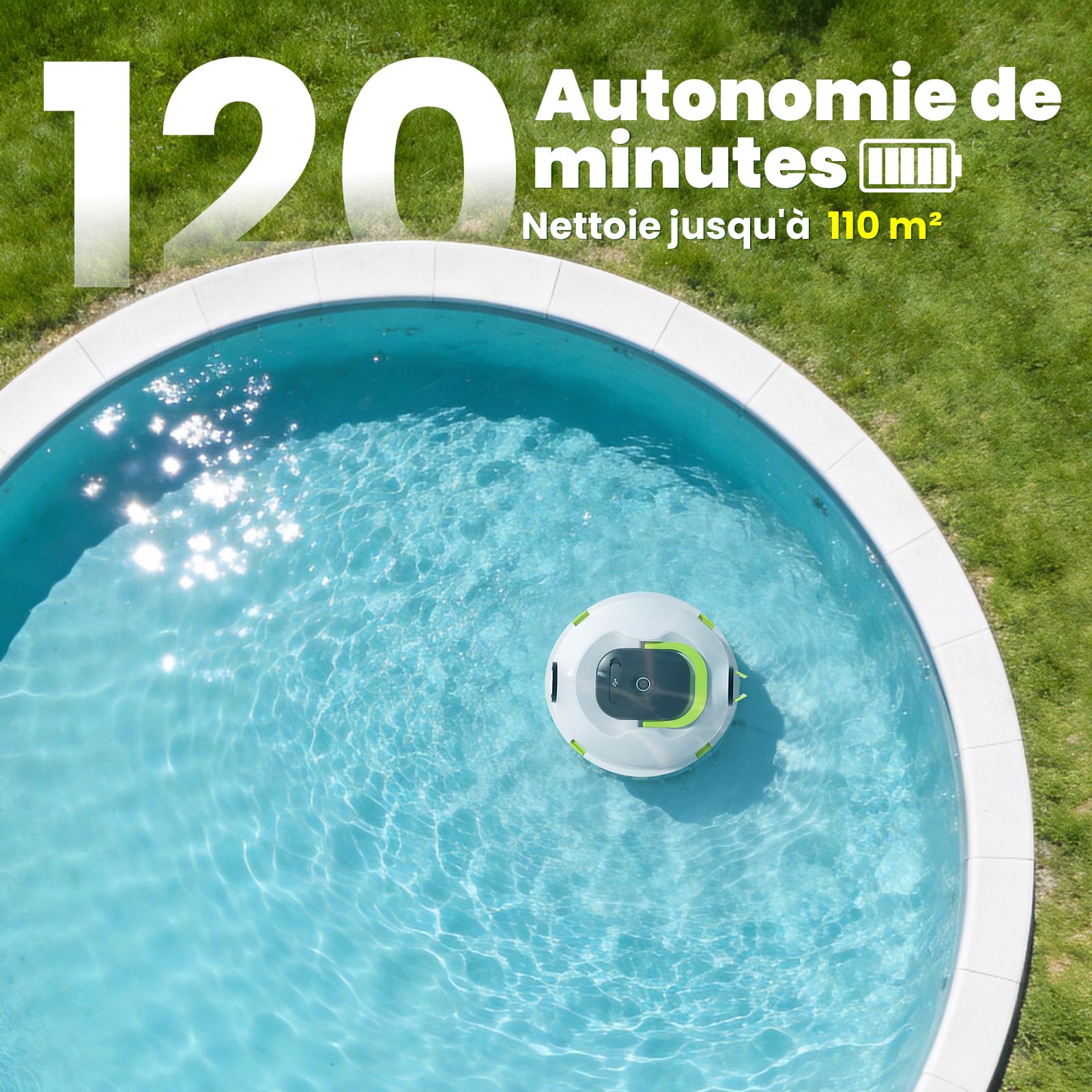 Robot Nettoyeur de Piscine sans Fil | Aspirateur de Piscine Automatique, 120 Min d'autonomie, Auto-Stationnement & Ultra Léger | Robot pour Piscine Hors-Sol ou Enterrée à Fond Plat jusqu'à 110 m²(BL)