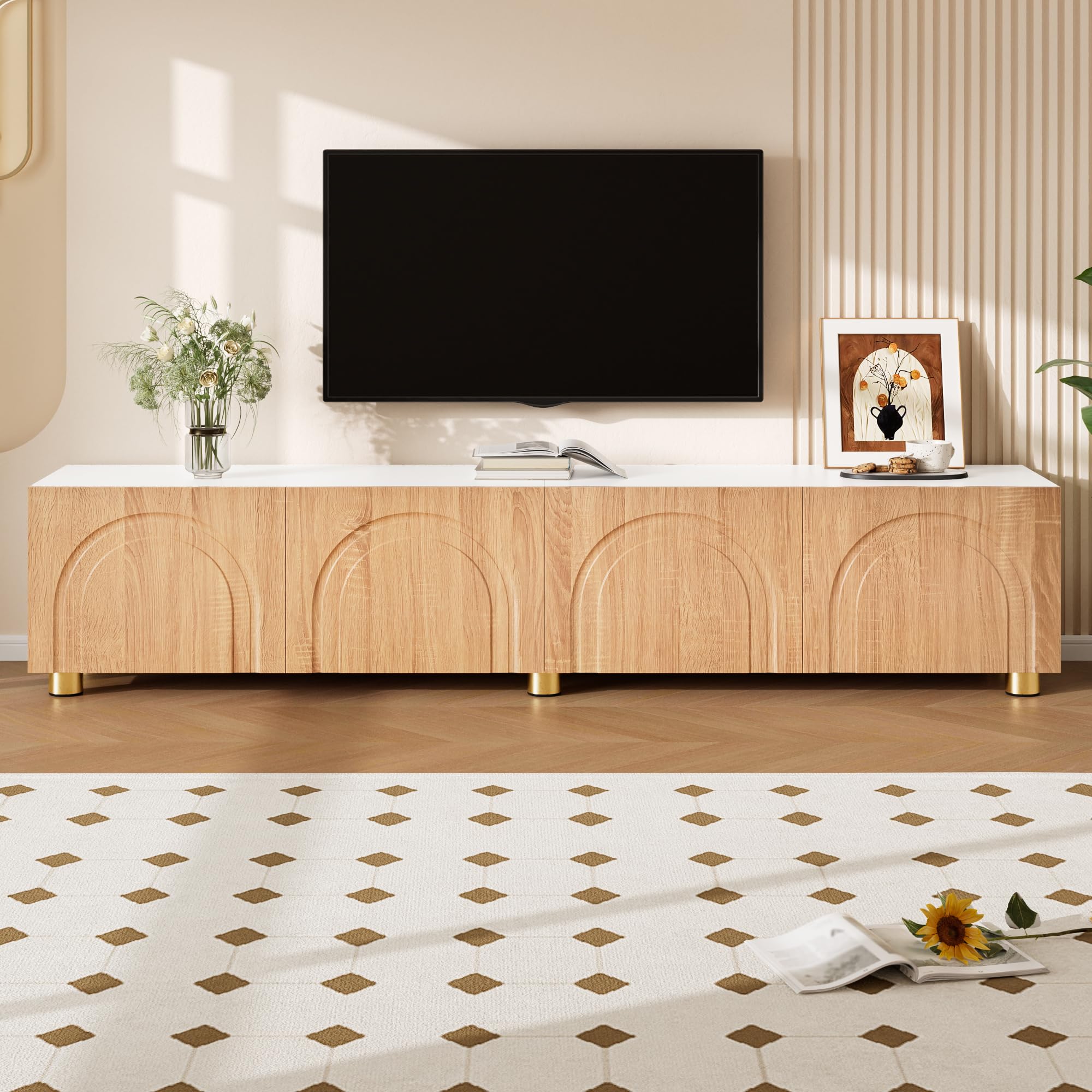 Mobile basso per TV, lunghezza 180 cm, 4 ante con effetto | Mobile TV per soggiorno, corridoio, tavolo TV, piedini in metallo, supporto per TV, molto spazio