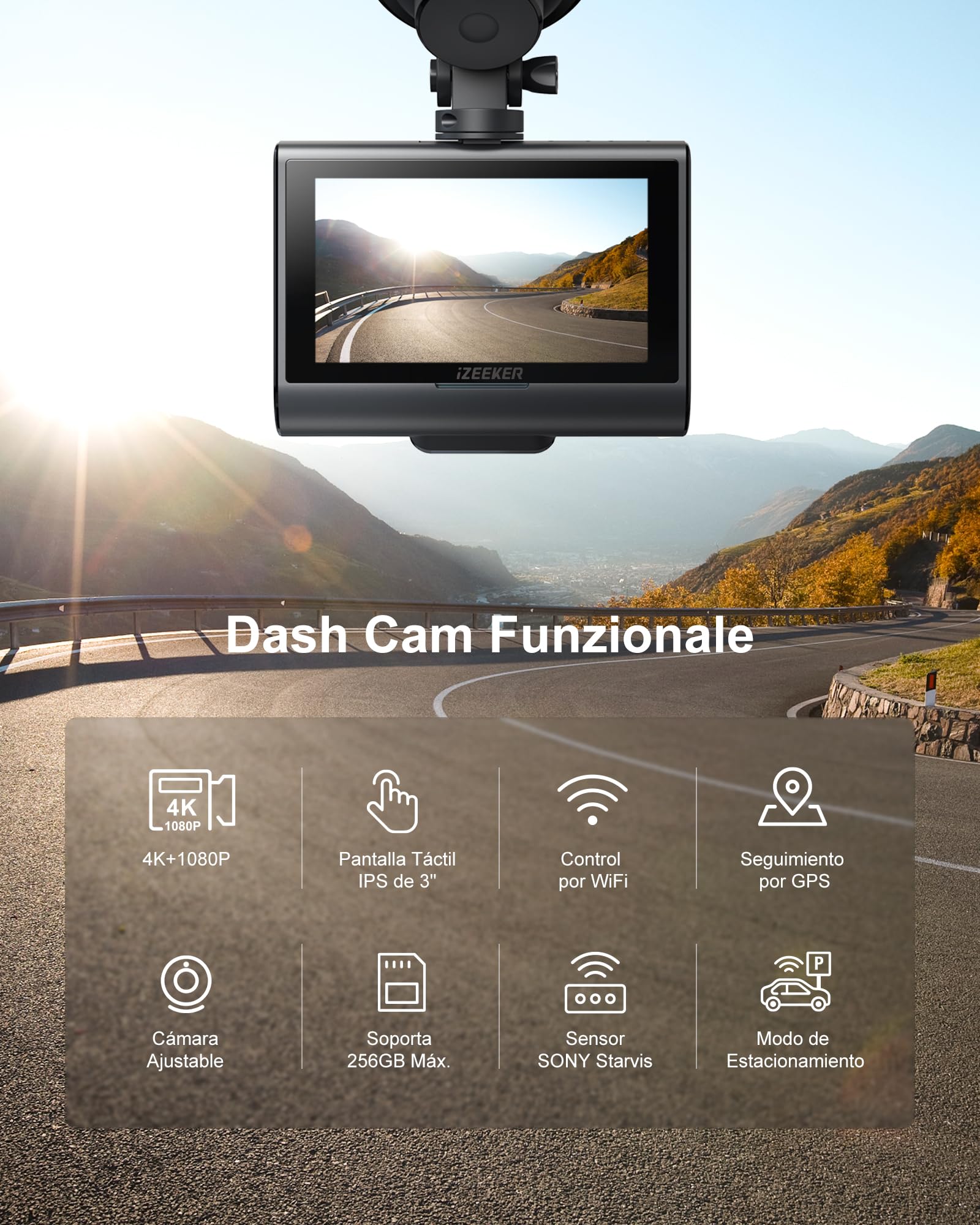 iZEEKER 4K Dashcam, WiFi GPS Cámara de Coche Frontal y Trasera, 4K+1080P Doble Dash CAM Coche con Tarjeta SD de 32GB, Pantalla Táctil IPS de 3'', Control App, Visión Nocturna, WDR, 170° Gran Angular