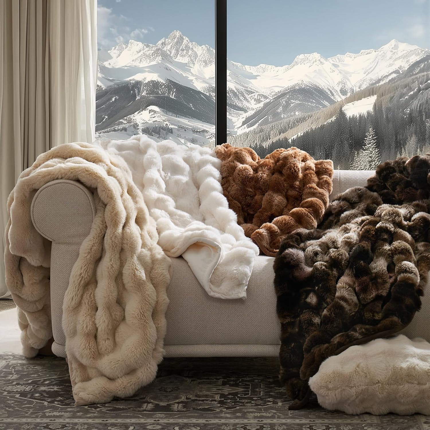 EverGrace Ultra Soft Luxury Fluffy Faux Rabbit Fur Throw Blanket, Thick Warm Bubble Throw for Bed, Cozy Plush Reversible Blankets for Couch, Chair, Sofa, Cream, 80x90 Inches - Image 7