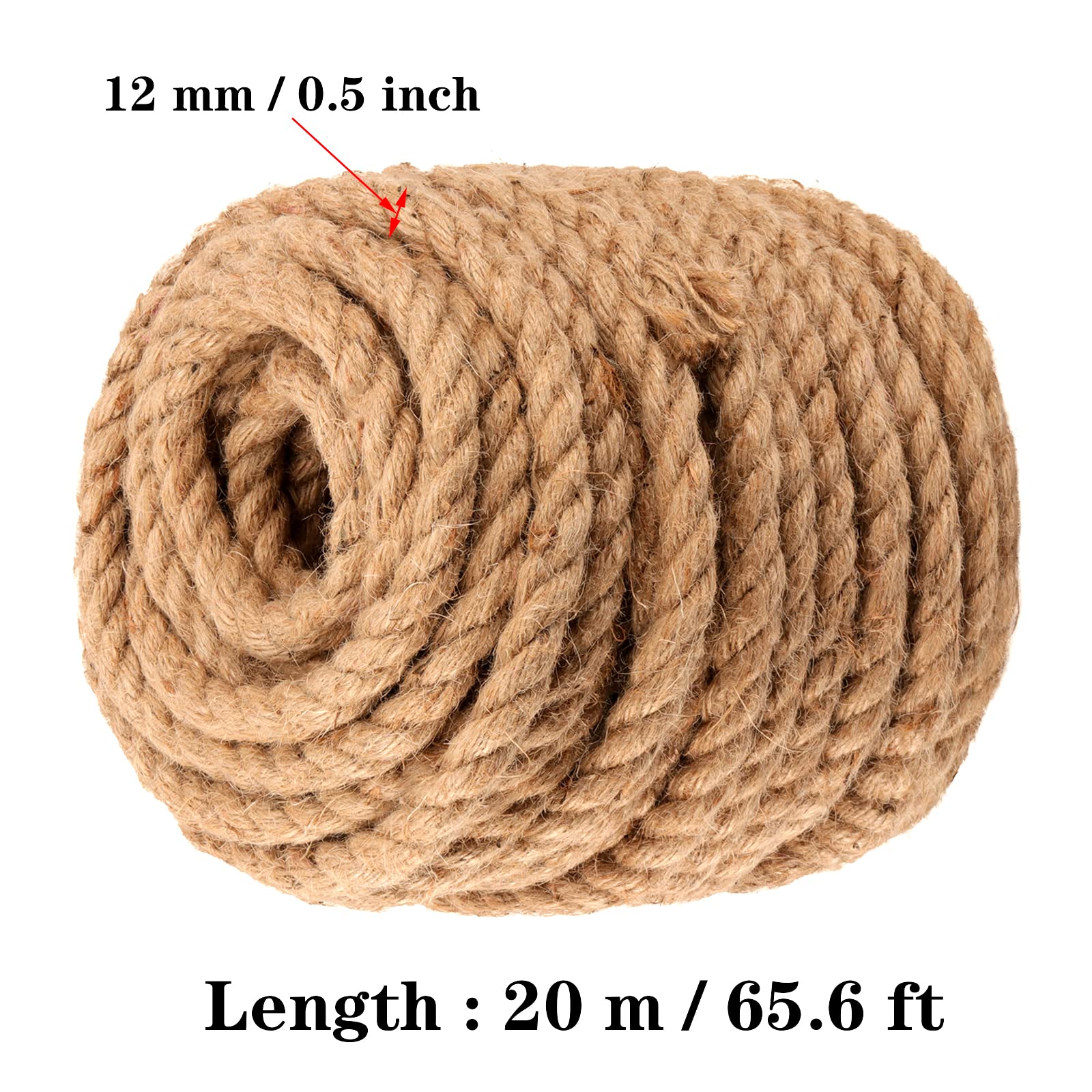 MANCHAP Corda di iuta naturale, 20 m x 12 mm, corda di iuta intrecciata a 4 fili, corda canapa marrone, corda di canapa intrecciata spessa per artigianato, impacchettamento