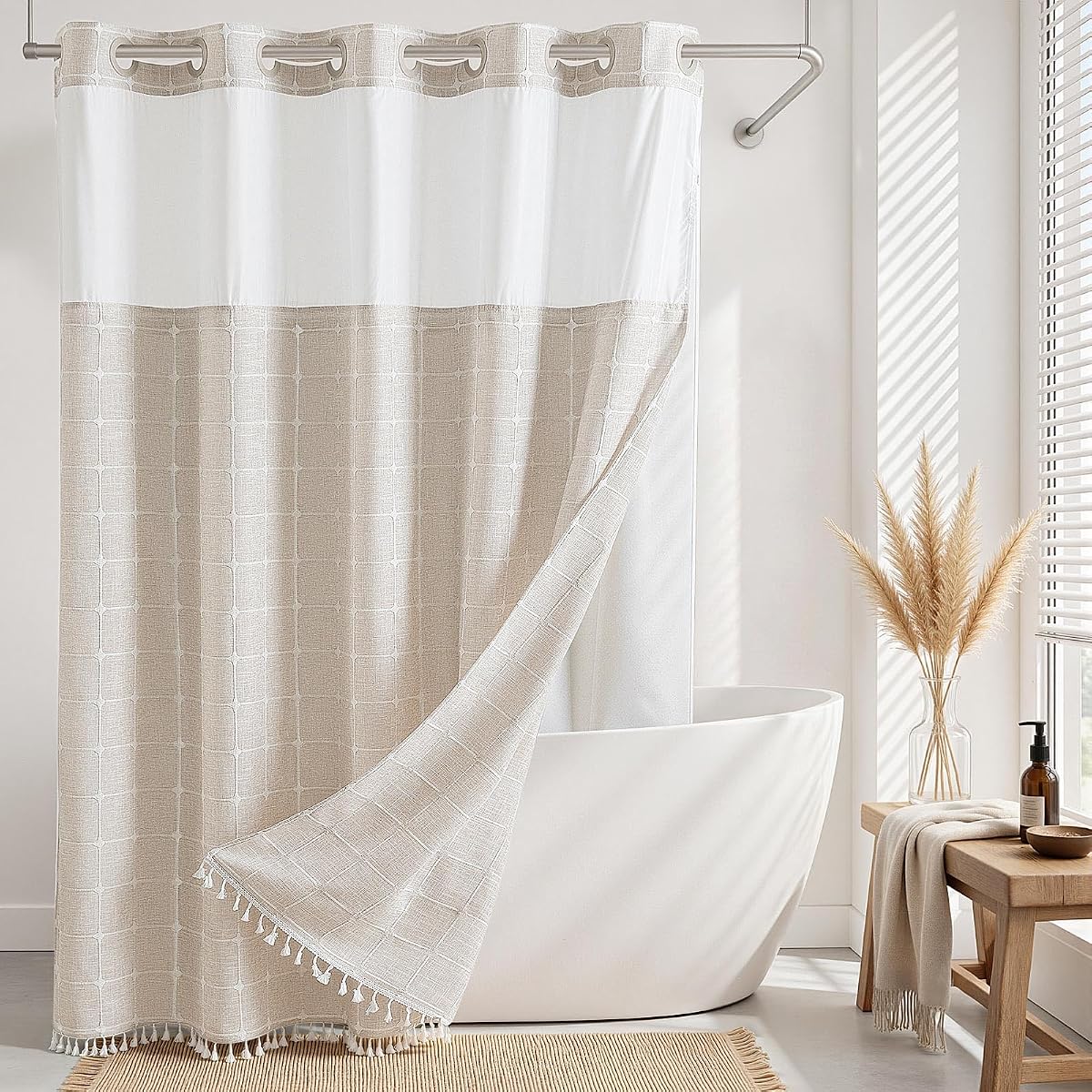 RiverDream Cortina de ducha sin ganchos con forro a presión, lino, 71 x 74 | Forro de tela a presión, resistente, de secado rápido, ventana superior de malla, con imanes inferiores, lavable, con borlas, tamaño estándar
