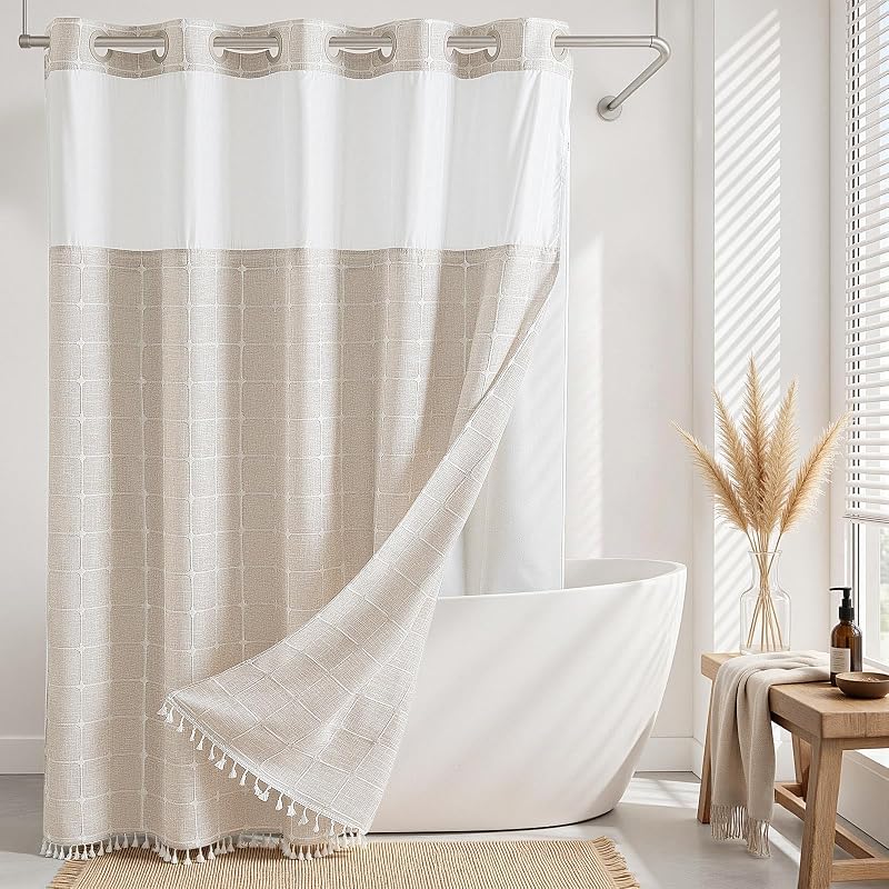 RiverDream Cortina de ducha sin ganchos con forro a presión, lino, 71 x 74 | Forro de tela a presión, resistente, de secado rápido, ventana superior de malla, con imanes inferiores, lavable, con borlas, tamaño estándar