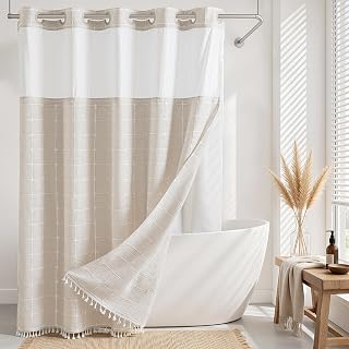 RiverDream Farmhouse No Hooks Shower Curtain with Snap-in Liner,Linen,71x98