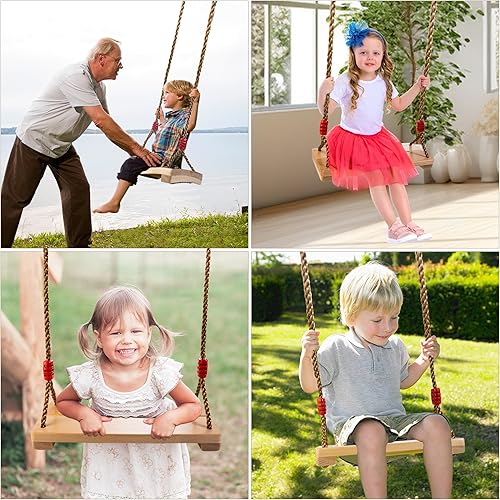 Miniatura 7 de Columpio de árbol, asiento de columpio de haya para niños y adultos con carga de 300 libras, accesorios de columpio de madera con cuerda de nailon