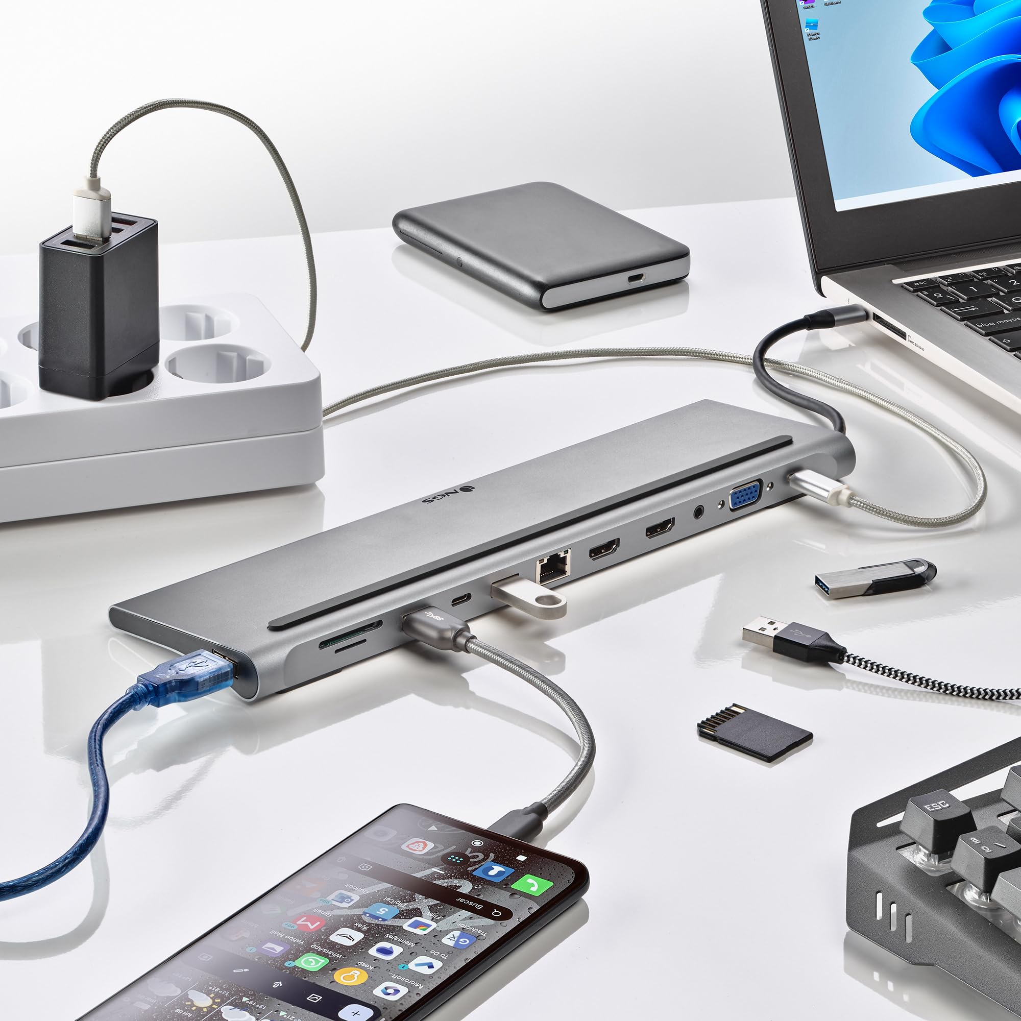 NGS Wonder Dock 12- Adaptador Multipuerto USB-C 12 en 1. Carga rápida | USB 2.0, 2x USB 3.0, 2x HDMI, VGA, entrada de audio, PD (Power Delivery), RJ45 (Ethernet), USB-C y ranura SD/TF