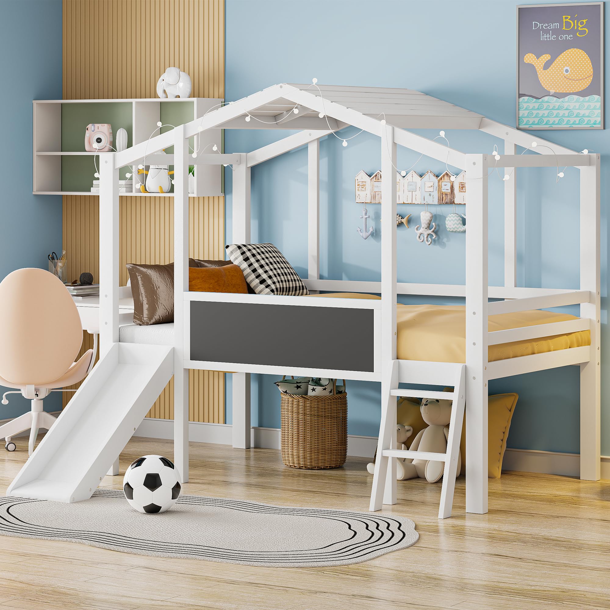 Twin Size House Shape Loft Bed with Slide, Wood Playhouse Loft Bed with Blackboard and Light Strip on The Roof, White