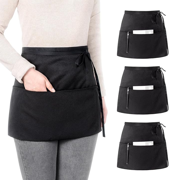 4 Grembiuli Da Cucina Con 3 Tasche - Nero, Corto, In Cotone E Poliestere Per Camerieri E Chef - Foto 3