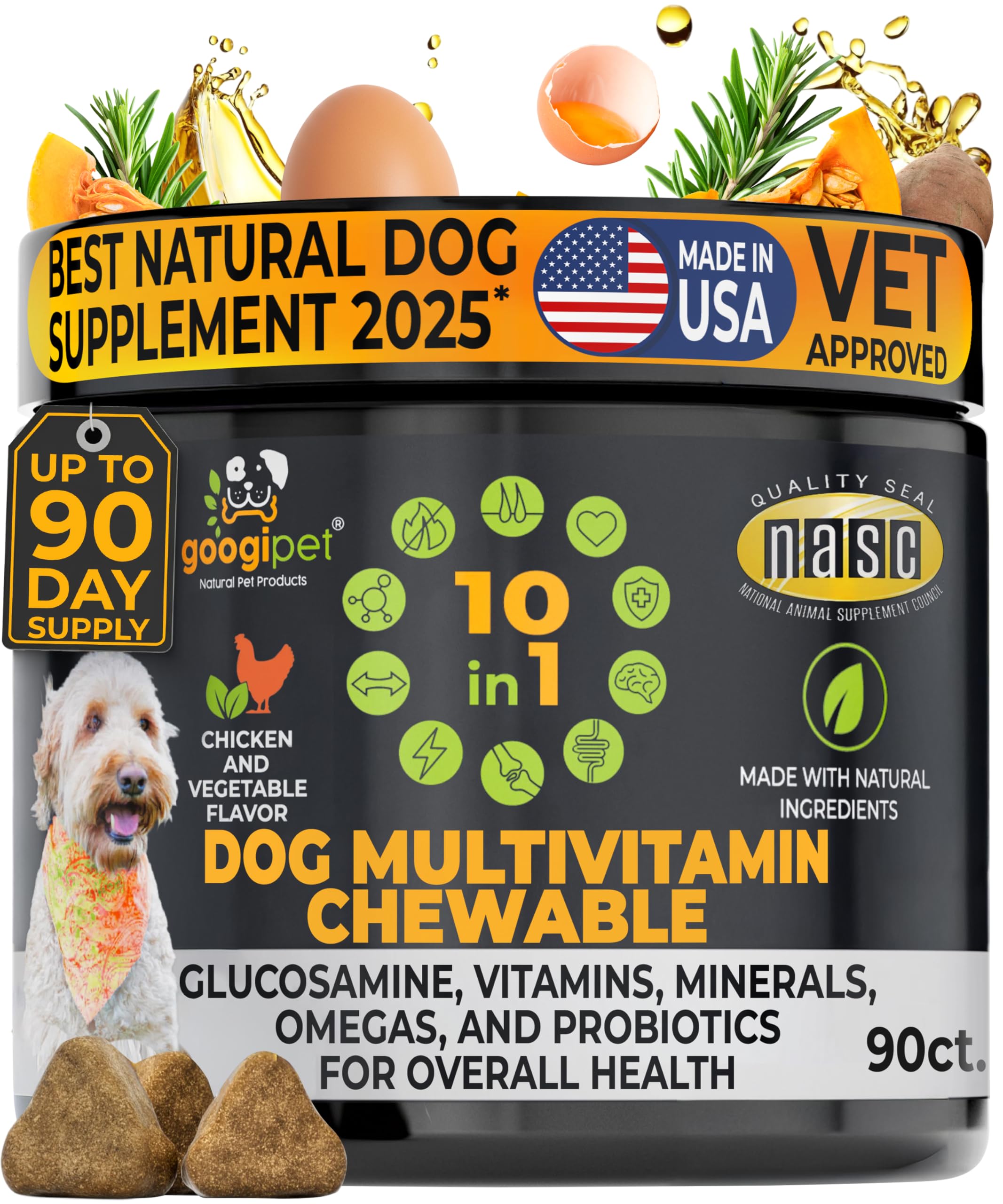 Googipet Premium 10 in 1 Dog Vitamins Multivitamin Chewable with Probiotics for Gut Health, Dog Vitamins and Supplements w/Vitamin C & Glucosamine for Joint Support (Chicken & Vegetable Flavor)