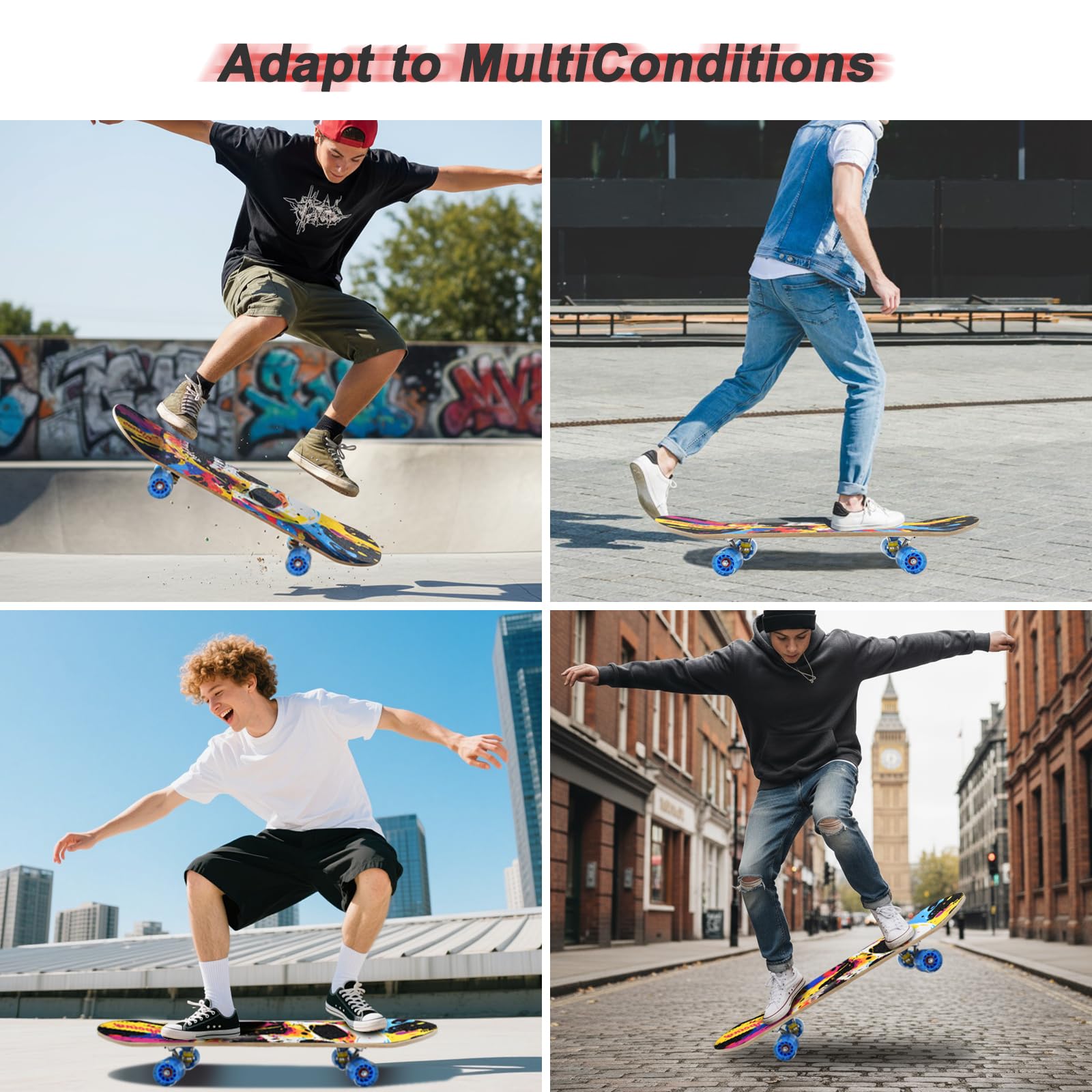 Skateboard standard avec roues clignotantes colorées pour débutants, enfants, adolescents, 7 couches en érable pour filles et garçons, 78,7 x 19,8 cm, double kick concave pour enfants avec
