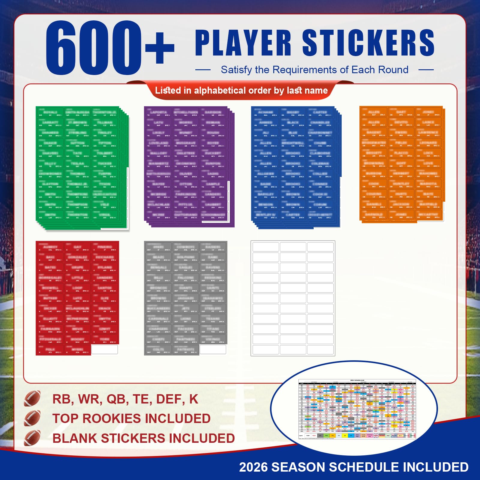 Happy Aplenty 2026 Fantasy Football Draft Board Kit, 14 Teams x 20 Runden, extra großes 15 x 100 cm Draft Board mit aktualisierten 600+ Spieler-Aufklebern, Blanko-Etiketten & Saisonplan 2026-2027