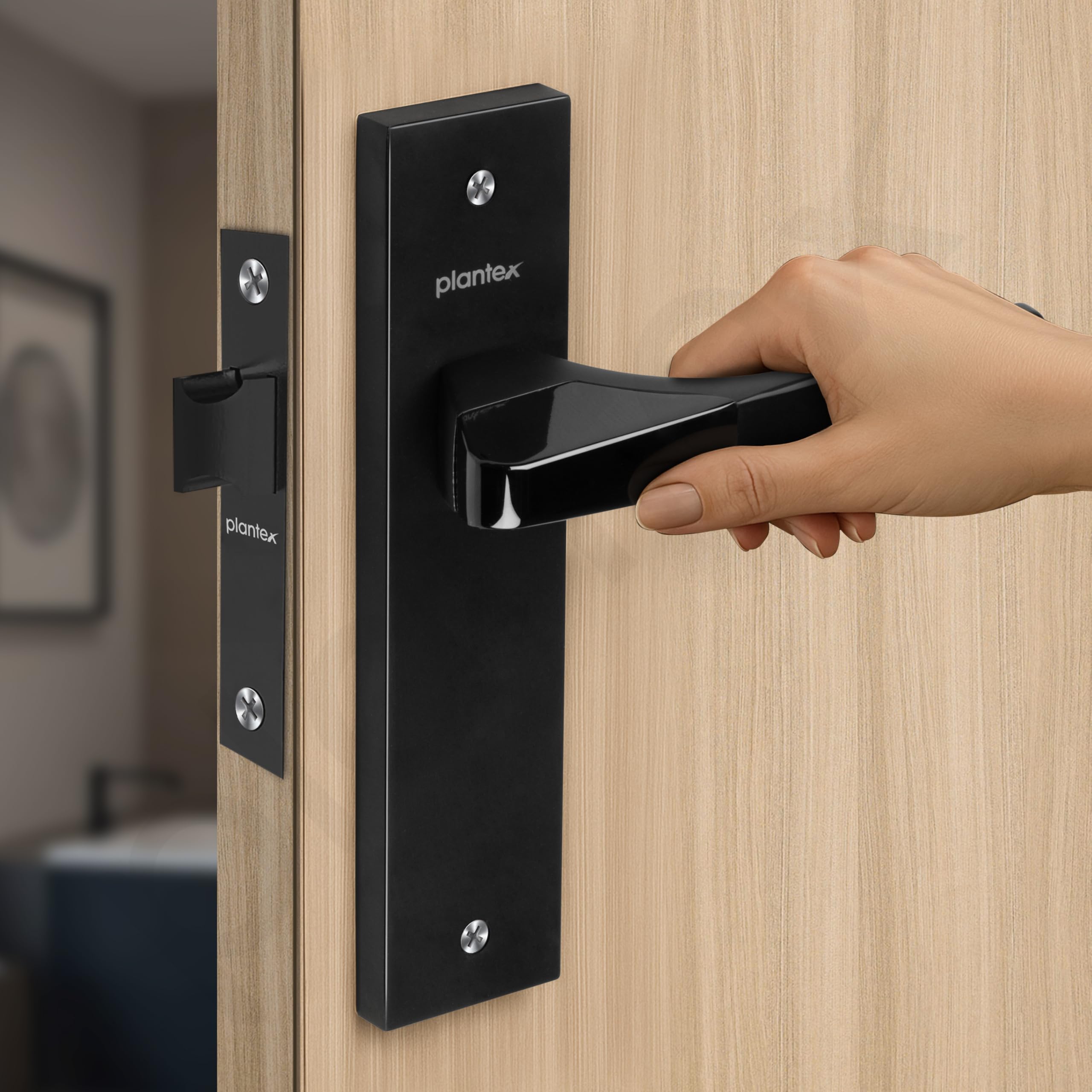 Plantex Heavy Duty Door Lock โ Bathroom Door Lock/Mortise 8inch Keyless Plate Handle Set for Home/Bathroom/Store Room/Balcony/Office with Baby Latch (8114, DC-Black & Z-Black) 4