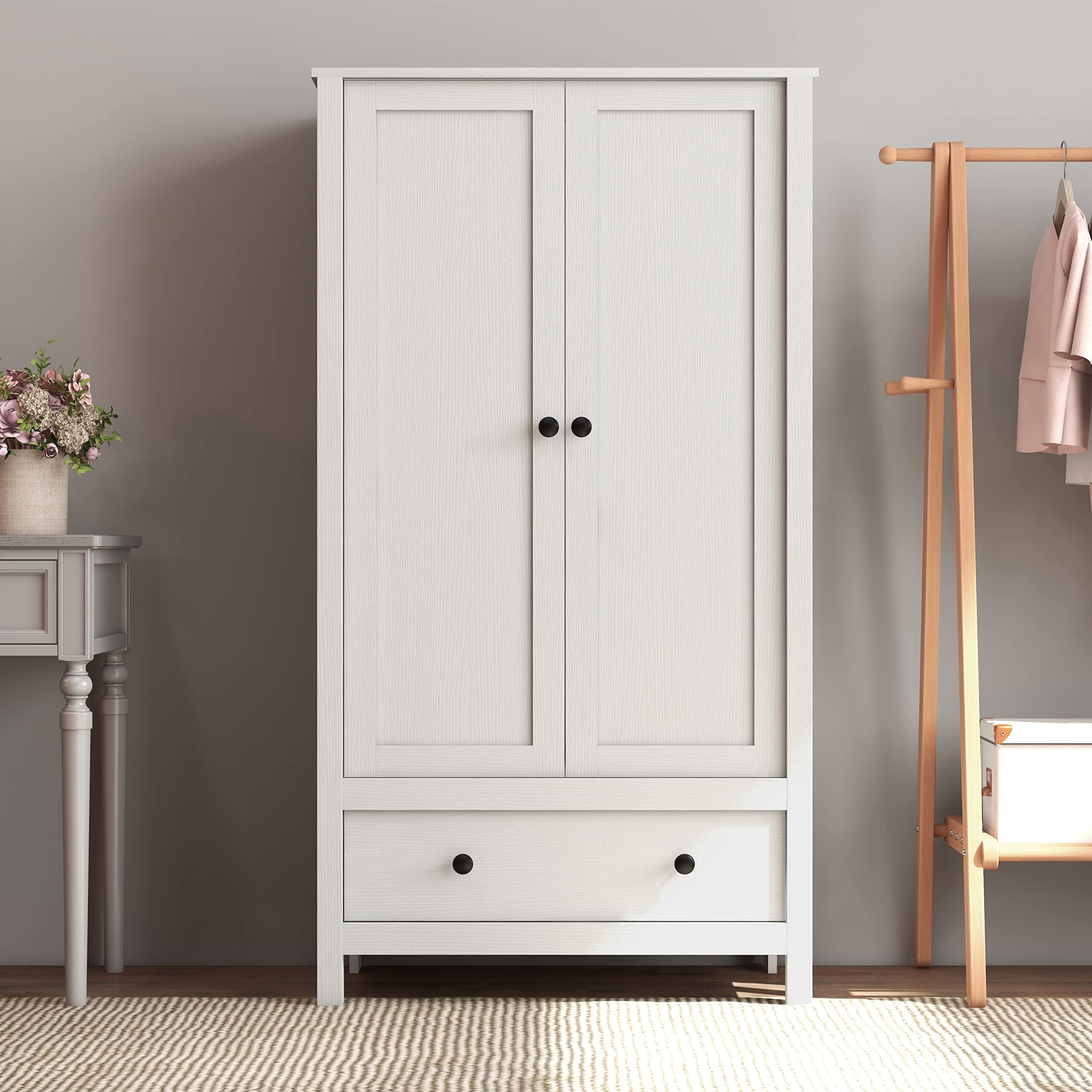 Panana 2 Door Wardrobe, Wooden Wardrobe with Drawer Bedroom Storage Furniture Large Cupboard Hanging Bar Clothes Rail Storage, White