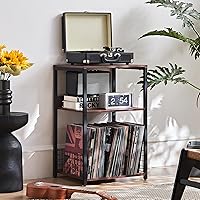 Vista 4 de LELELINKY Mesa auxiliar de roble nogal de 18 pulgadas de ancho, soporte para tocadiscos grande de 3 niveles con almacenamiento de hasta 130 álbumes