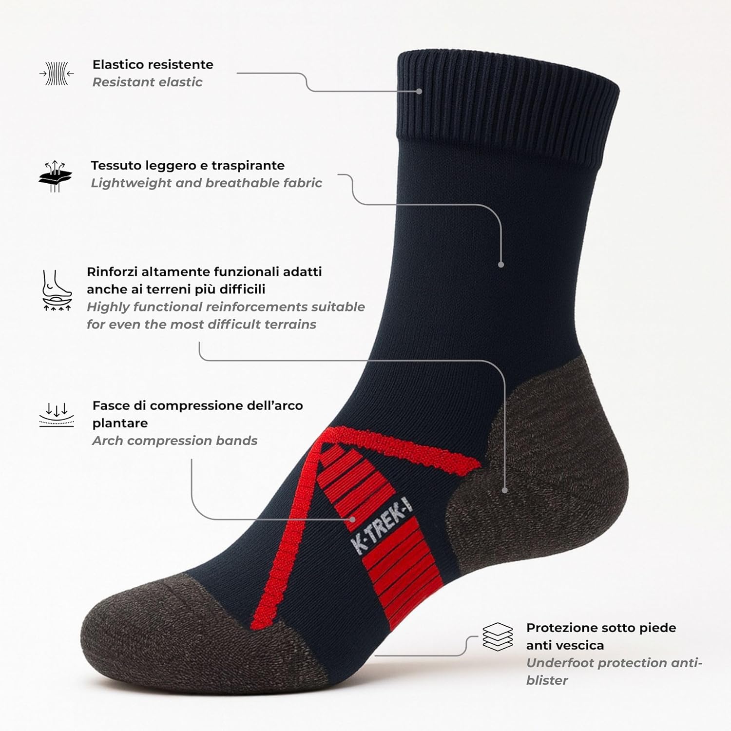 Kaiera - Merino Wool Hiking Socks – Lightweight Breathable Trekking Socks for Men & Women – Moisture Wicking, Odor Resistant – Made in Italy – 1 Pair (US 6-8.5) Black Red