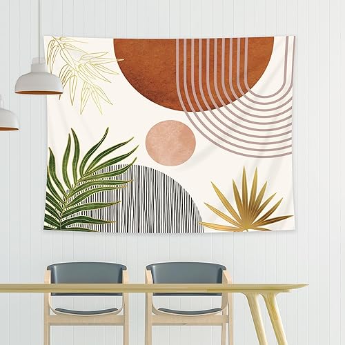 Miniatura 9 de KOMLLEX Tapiz abstracto verde chic de 59 pulgadas de ancho x 51 pulgadas de alto, diseño bohemio de hojas de mediados de siglo, arco de sol,