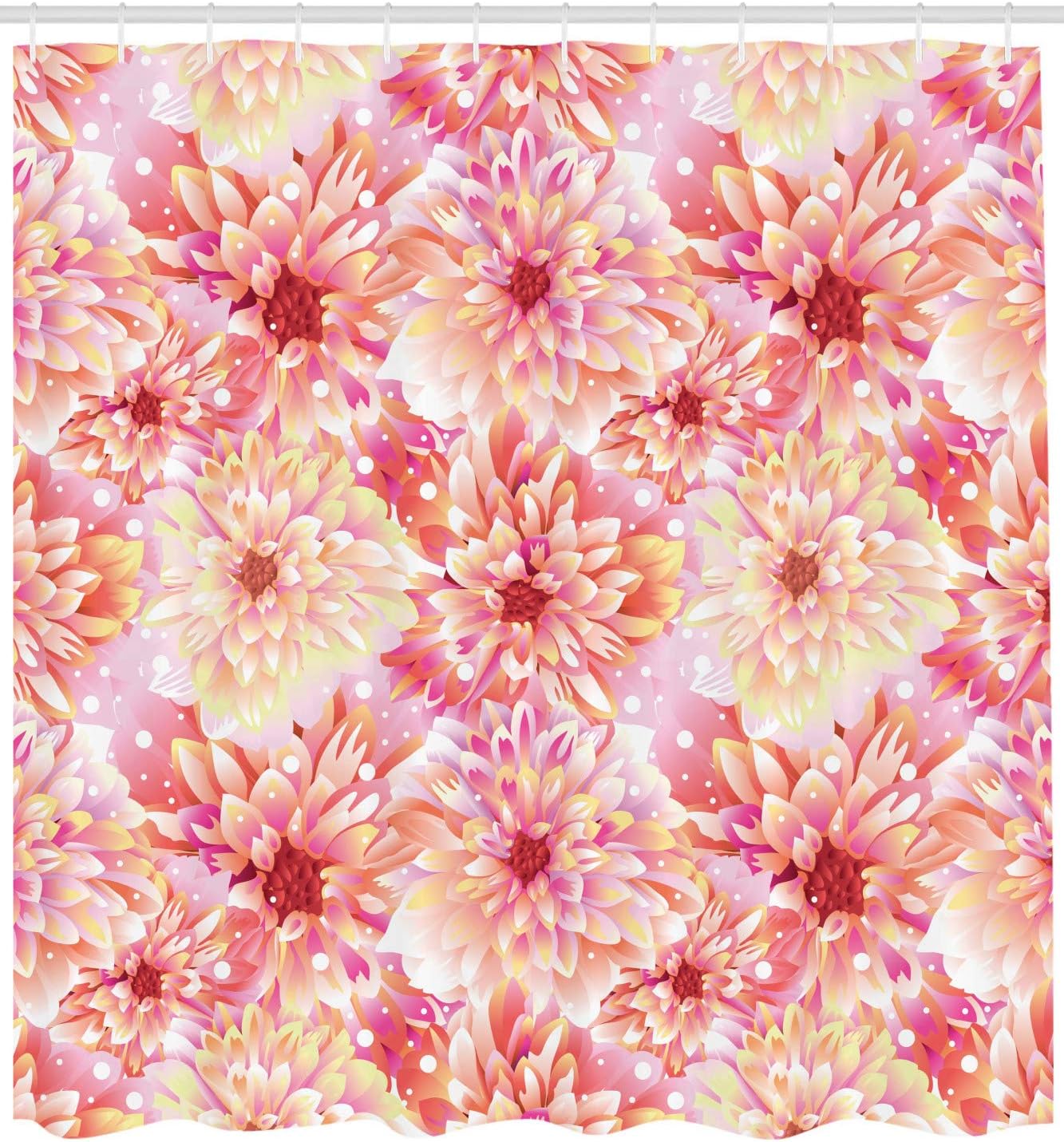 Ambesonne Dahlia Flower Shower Curtain, Double Apple Blossom with Overlap Axis and Twist Bluntly Circle Pompons, Cloth Fabric Bathroom Decor Set with Hooks, 69" W x 75" L, Pink Yellow