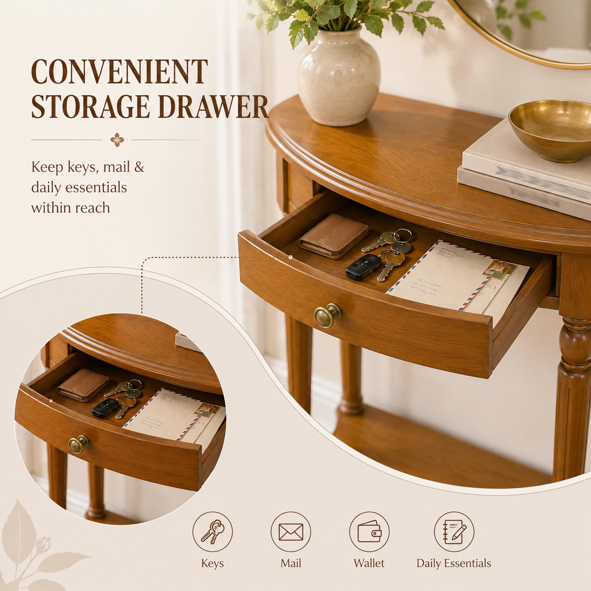 Table Console Demi Lune avec Tiroir Et Étagère en Bois Massif