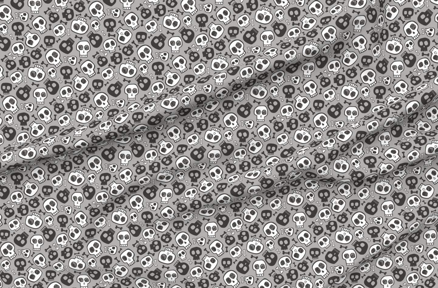 Spoonflower Fabric - Skulls Bones Halloween Black White Gray Skull Skeleton Printed on Organic Cotton Sateen Fabric by The Yard - Sewing Quilting Apparel Home Decor
