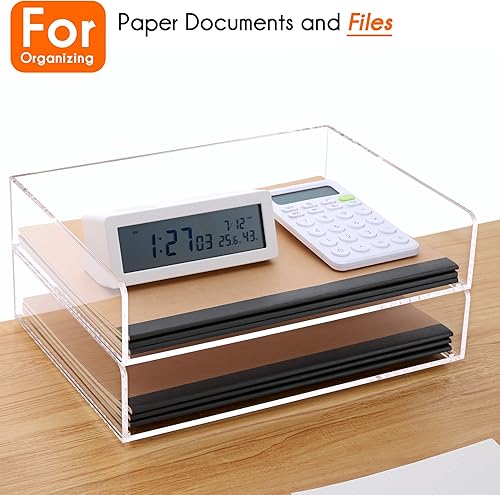 Miniatura 2 de Organizador de papel, bandeja de acrílico apilable de 2 niveles, tamaño A4, oficina, hogar, escuela, transparente