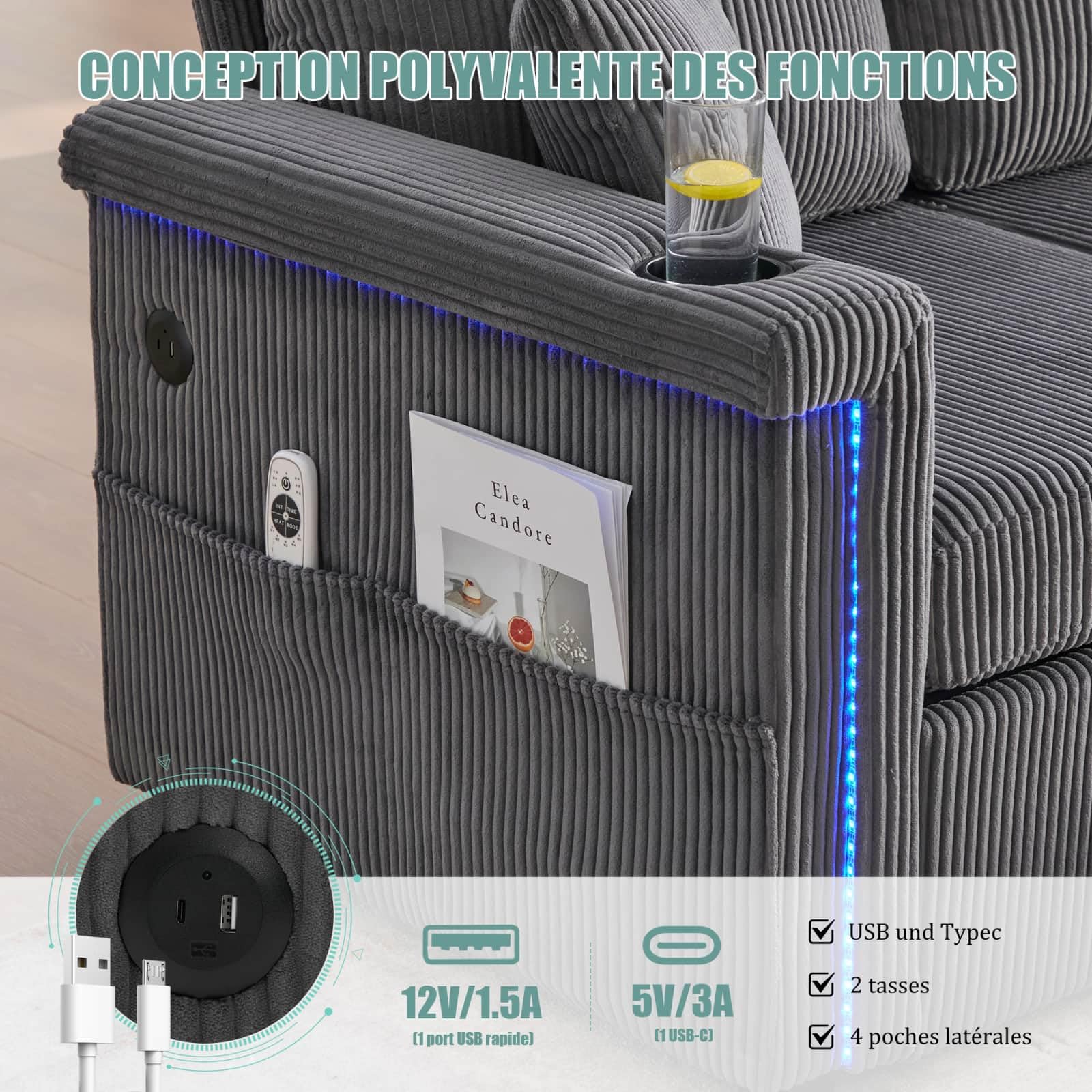 KOMHTOM Canapé 3 Places en L avec 2 Ttiroirs, Tabouret de Rangement, Lampe LED, Port USB/Type-C et Cadre en Bois - Canapé Velours Côtelé Multifonctionnel (Gris foncé, B)
