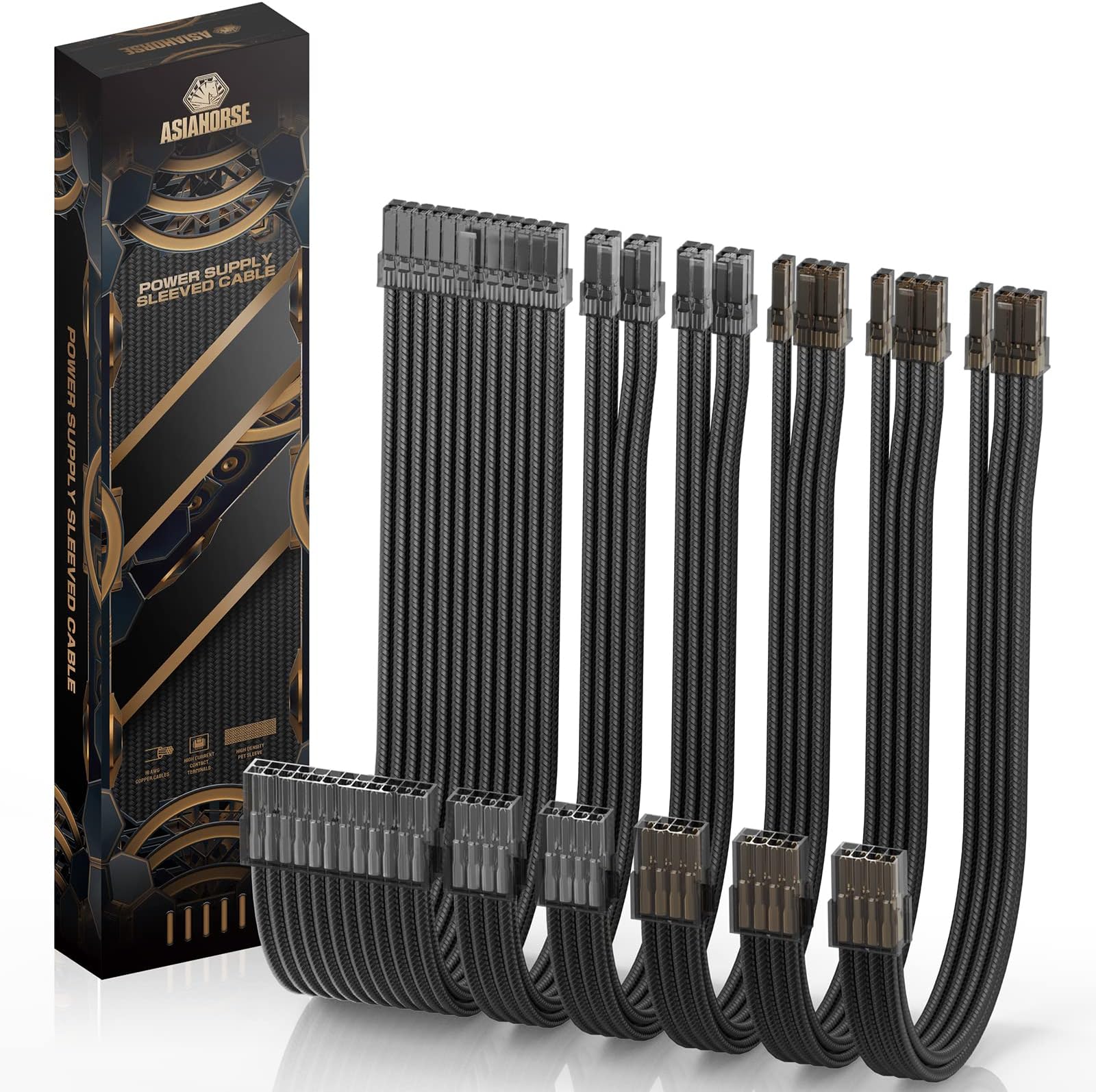 AsiaHorse 16AWG Power Supply Cable, 1 x 24 Pin/2 x 8 Ports (4+4) M/B, 3 x 8 Ports (6+2) PCI-E 30cm Length with Combs (Black)