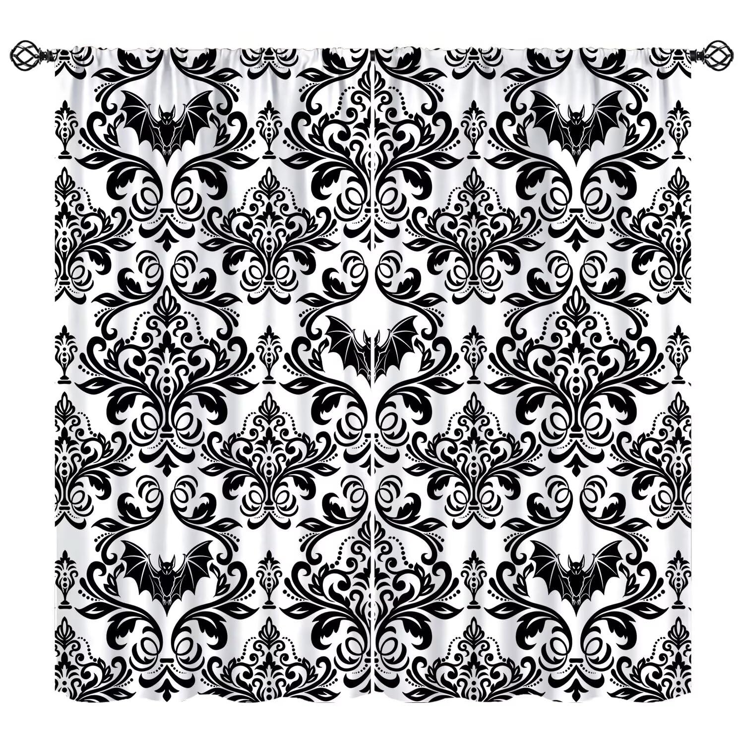 moderw Vintage Damask Gothic Curtains Antique Floral Victorian Goth Window Treatments for Bedroom Bat Bats Skull Bone Bohemian Blackout Window Drapes for Farmhouse Living Room W84xL84in