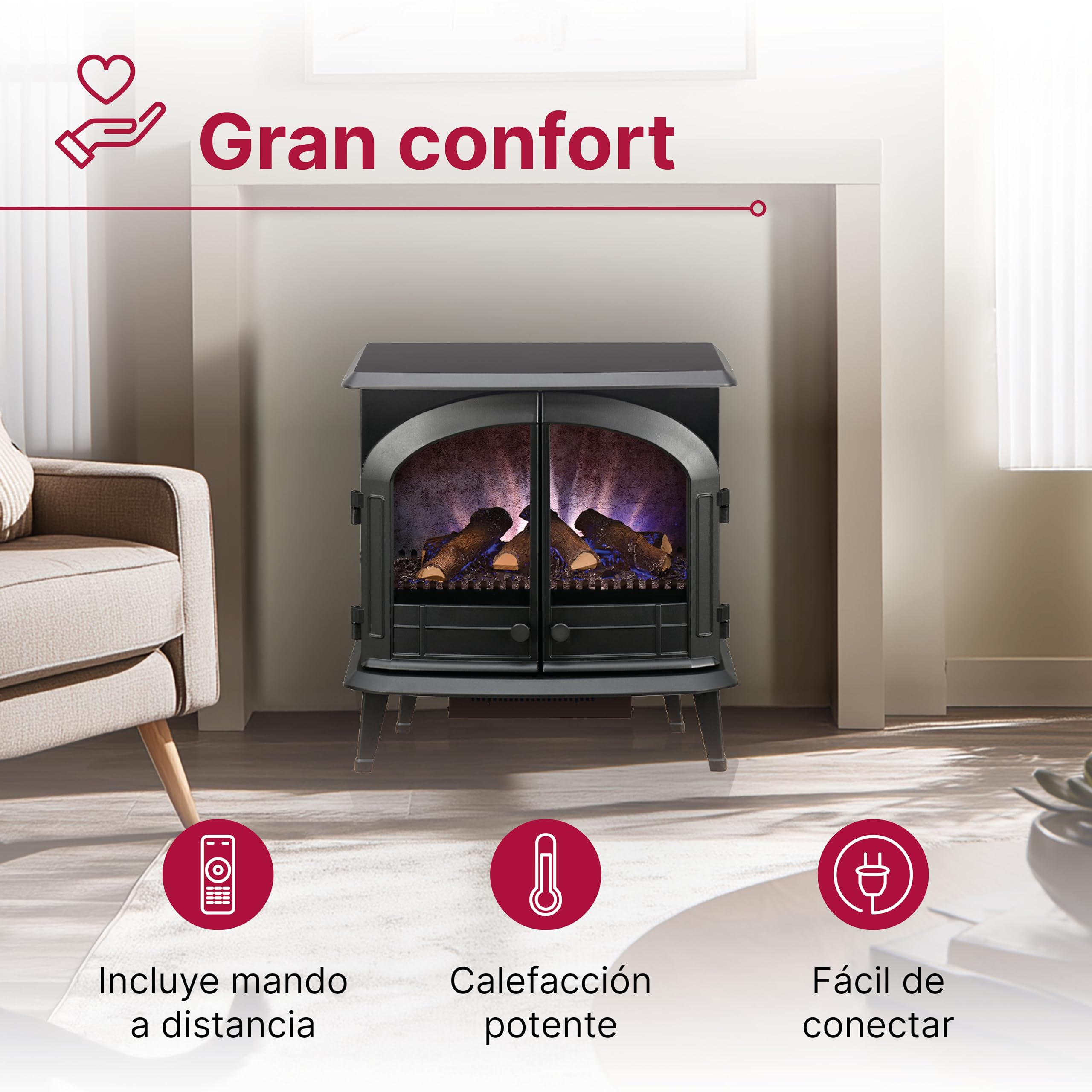 Dimplex Emberly Chimenea Electrica Â– Chimenea Electrica Decorativa de Tres Lados con Calefactor y Efecto de Llama Optiflame Â– Calefactor de 2 kW Activable Â– Inluye Mando a Distancia y App