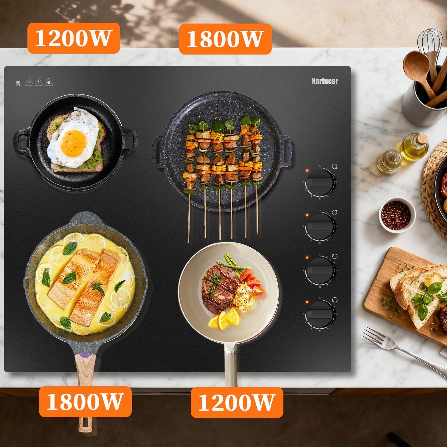 Karinear Placa Vitroceramica 4 Fuegos 60 CM con Mandos Manuales, 6000W | 9 Niveles de Potencia, 4 Placas con Niveles de Potencia, Compatibilidad Universal de Ollas, Apagado Automático, sin Enchufe