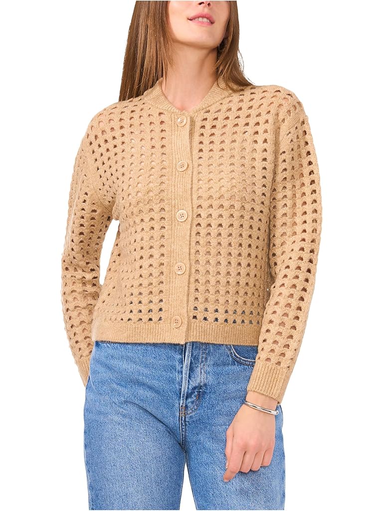 Gray Vince Camuto Pointelle Long Sleeve Cardigan