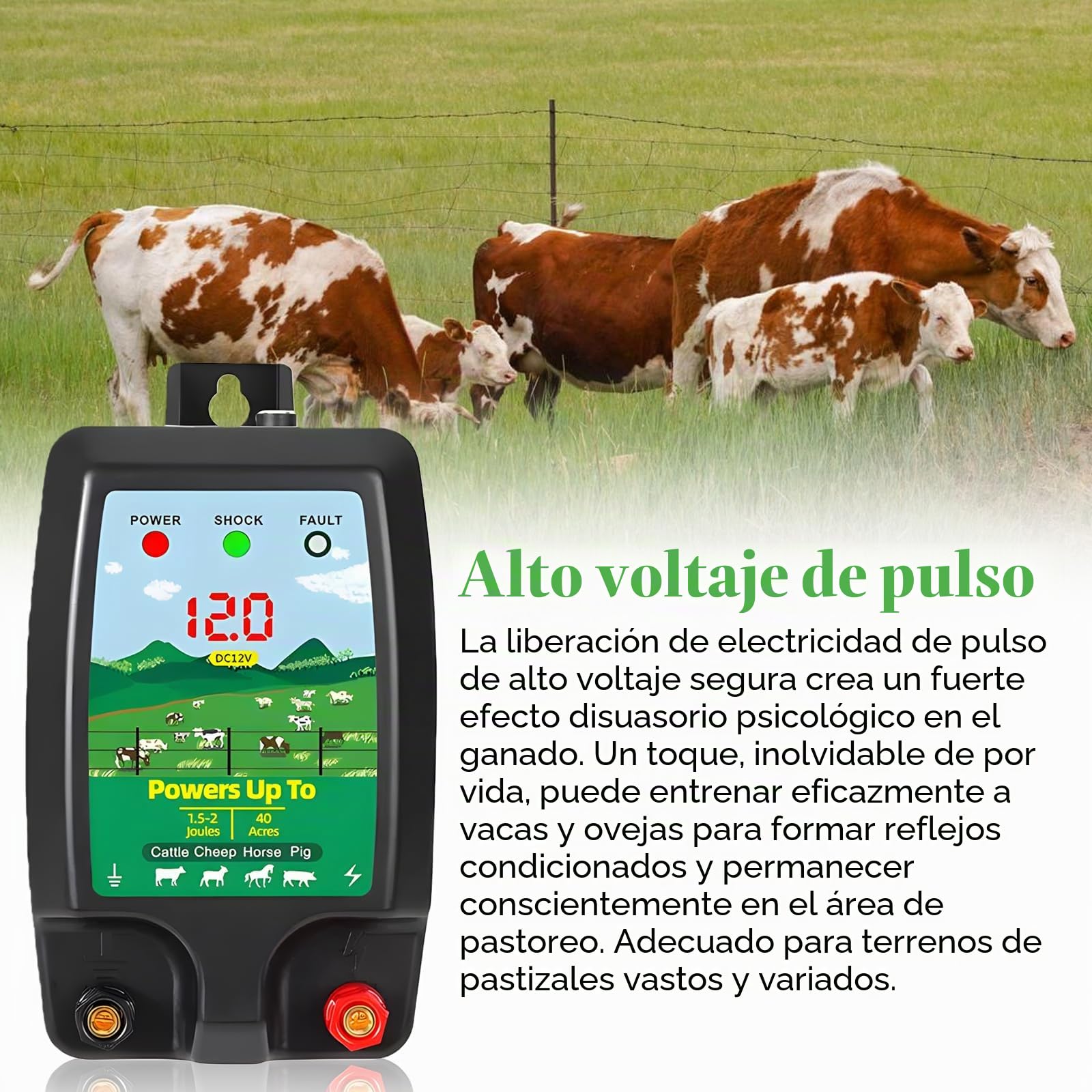 Valla eléctrica para pastos de 12 V con indicador LED, resistente al agua, 10 km, alcance de 1,5 – 2 julios, resistente al agua, dispositivo eléctrico para protección de animales de granja, mascotas
