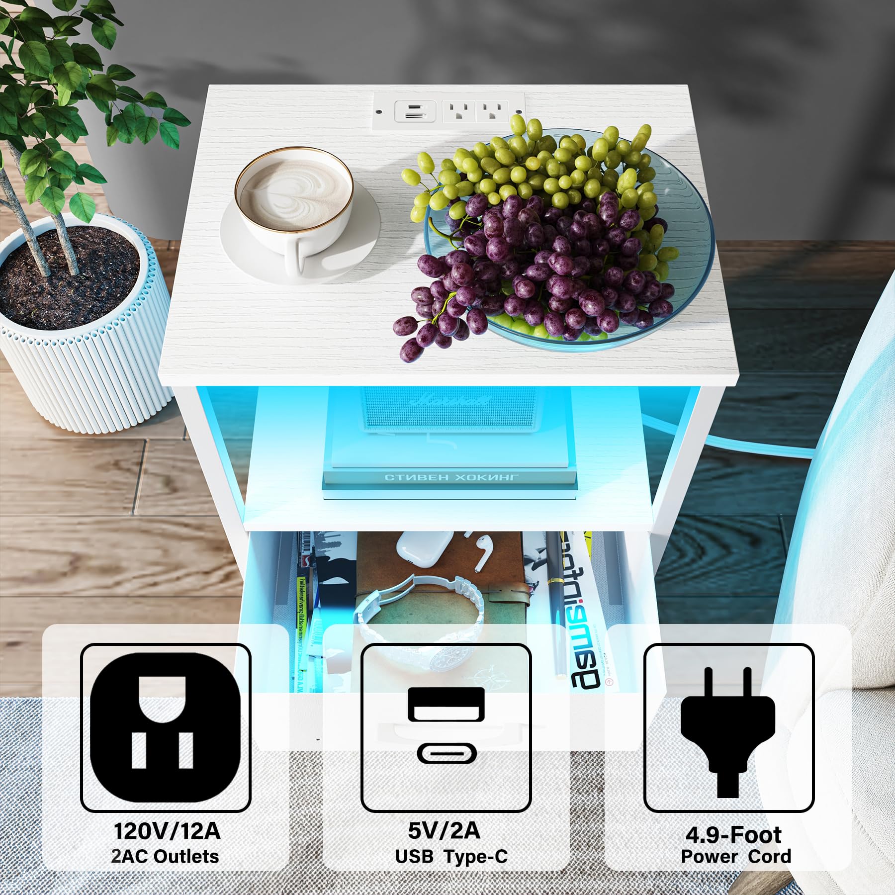 TUTOTAK Set di 2 comodini a LED con stazione di ricarica | Comodino con cassetto in tessuto, tavolino con 1 porta USB e 1 porta di tipo C, tavolino da divano, bianco TB01BW052L