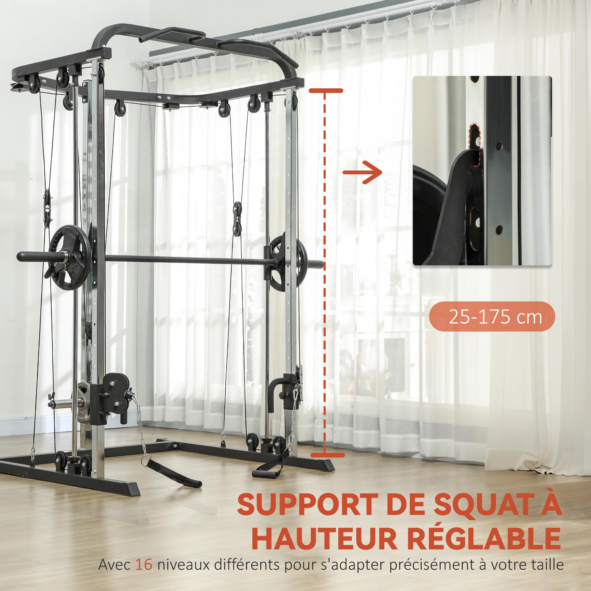 SPORTNOW Stazione di sollevamento pesi, stazione di trazione a cavo, con supporto per squat, bar, cavo Cross-Over, altezze regolabili struttura in acciaio, per allenamento domestico, nero